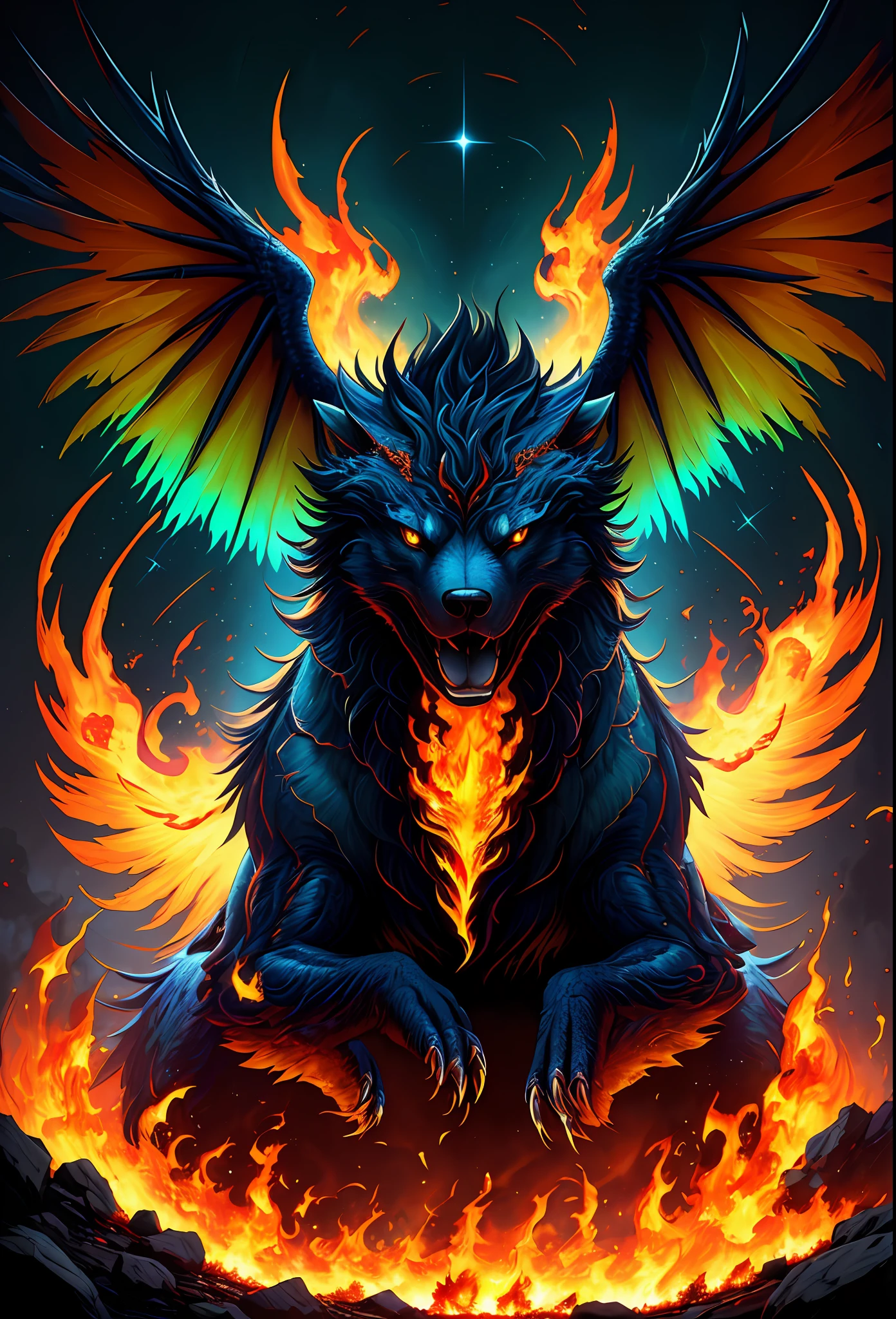 ((Best Quality)), ((Masterpiece)), ((Surrealism)), ((Surrealist Fantasy Style)), Jim Lee's beautiful intricate soft oil paintings, mythical birds of prey, facing the viewer, a stunningly beautiful and powerful monster dog erupting from ashes, awesome legendary fire dog, (vibrant rainbow flames everywhere, colorful flames, spiral hell: 1.5), huge symmetrical flame wings, ultra-detailed feathers, sharp claws, unparalleled magical energy, soft edge lighting, (flying), professional, soft volumetric lighting, depth of field, film grain, smoothness, roughness, real life, warm vibrant color palette