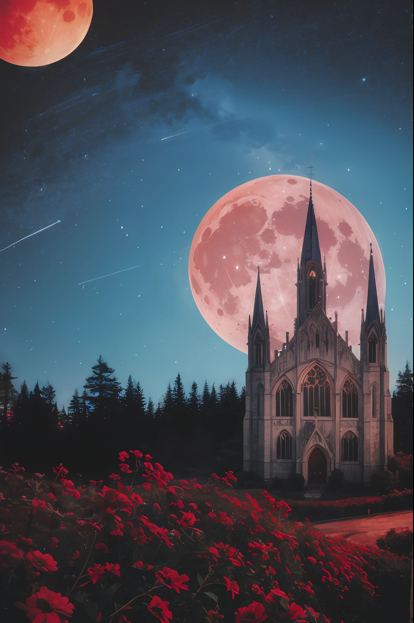 background painting, overlooking church, red moon, nightmare