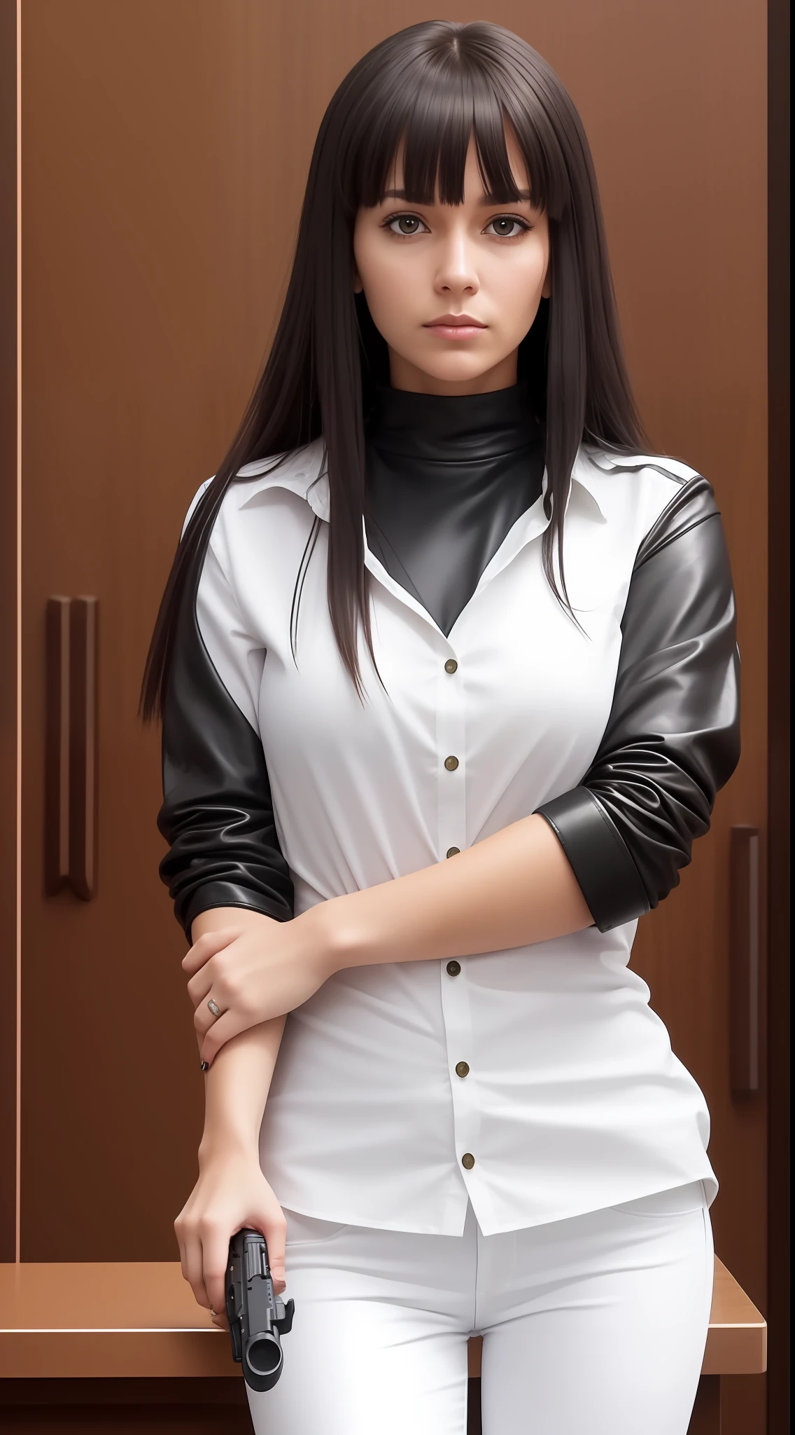 a 30-year-old woman, straight hair, black, with bangs, fair skin, white, with black eyes, with a white long sleeve shirt, with a red leather pants, standing, in an empty courtroom, holding a gun,pistol in her right hand