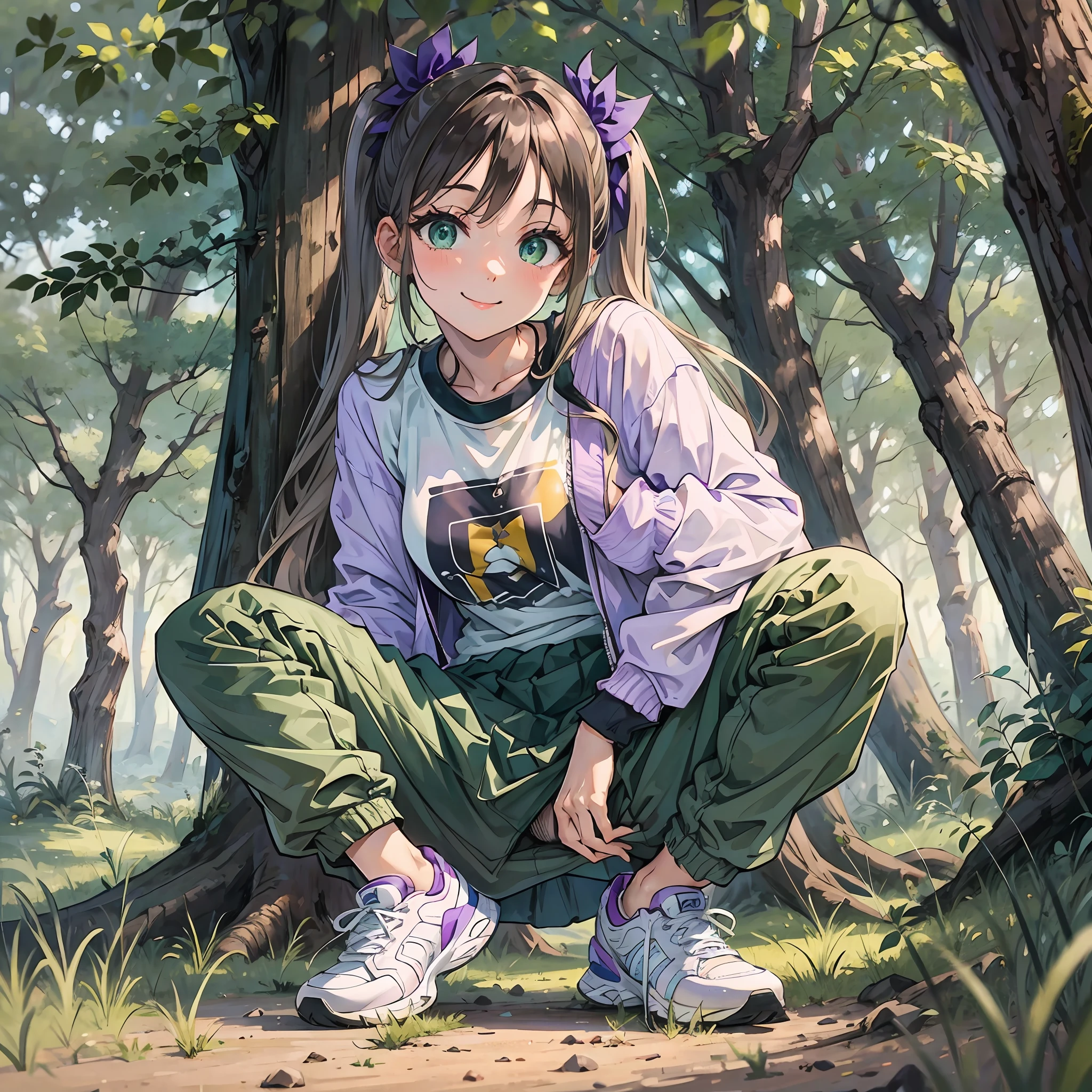 a very nice looking young woman is taking a piss in her pants, 1girl, underwear, solo, panties, panty pull, peeing,pubic hair, , pee, skirt, squatting, female pubic hair, white panties,girl sitting in her purple tent outdoors waiting for her parents to show up, tent, outdoors, solo, 1girl, shoes, shirt, smile, tree, sitting, black footwear, twintails, white shirt, green eyes, pants, jacket, open clothes, sneakers, day --auto --s2