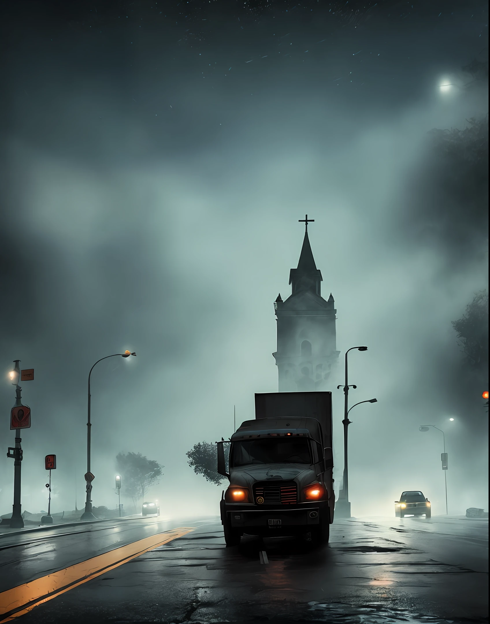Horror scene, scary, apparition, ghost, fog, dark scene, night, rain, asphalt street, church freight, reflected lighting, artwork, 4k, hyper detailed