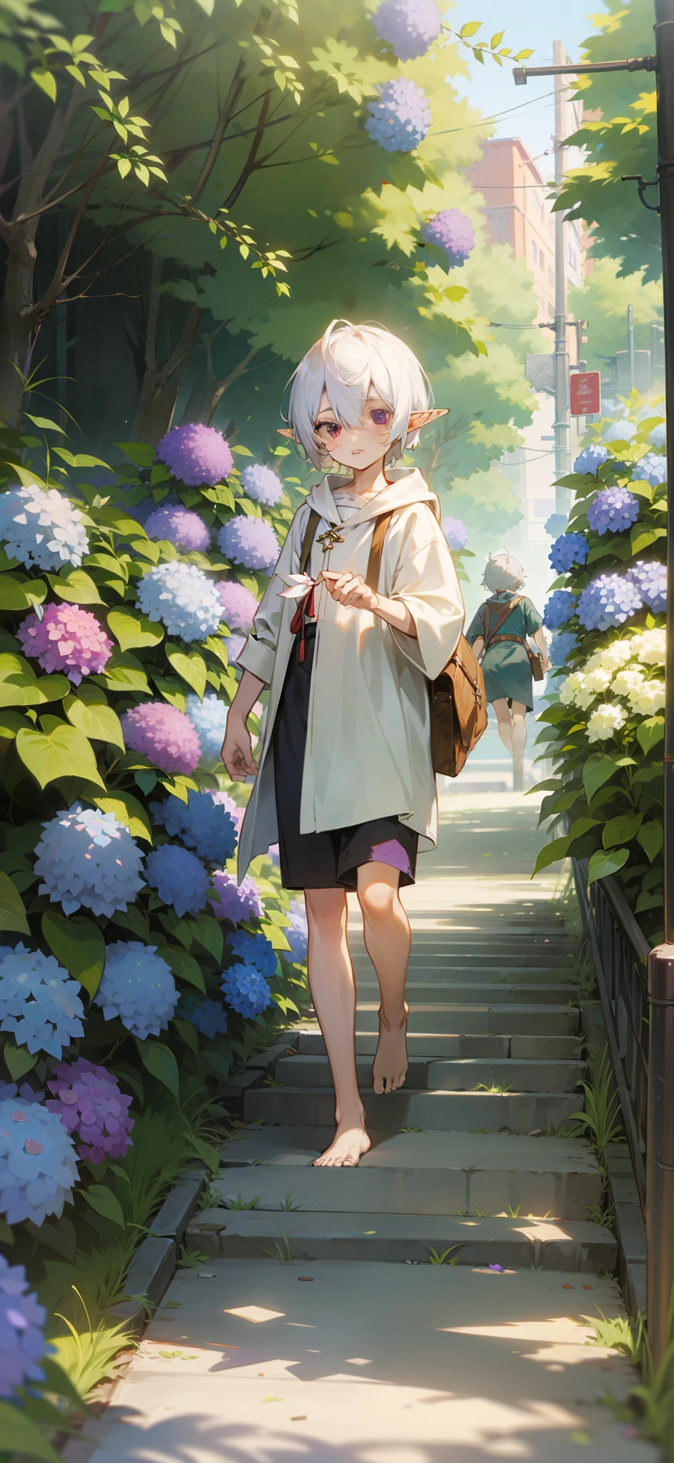 White-haired barefoot elf Shota, purple on the left eye and rosy golden in the right, walking in the deserted city, the roadside is full of hydrangeas