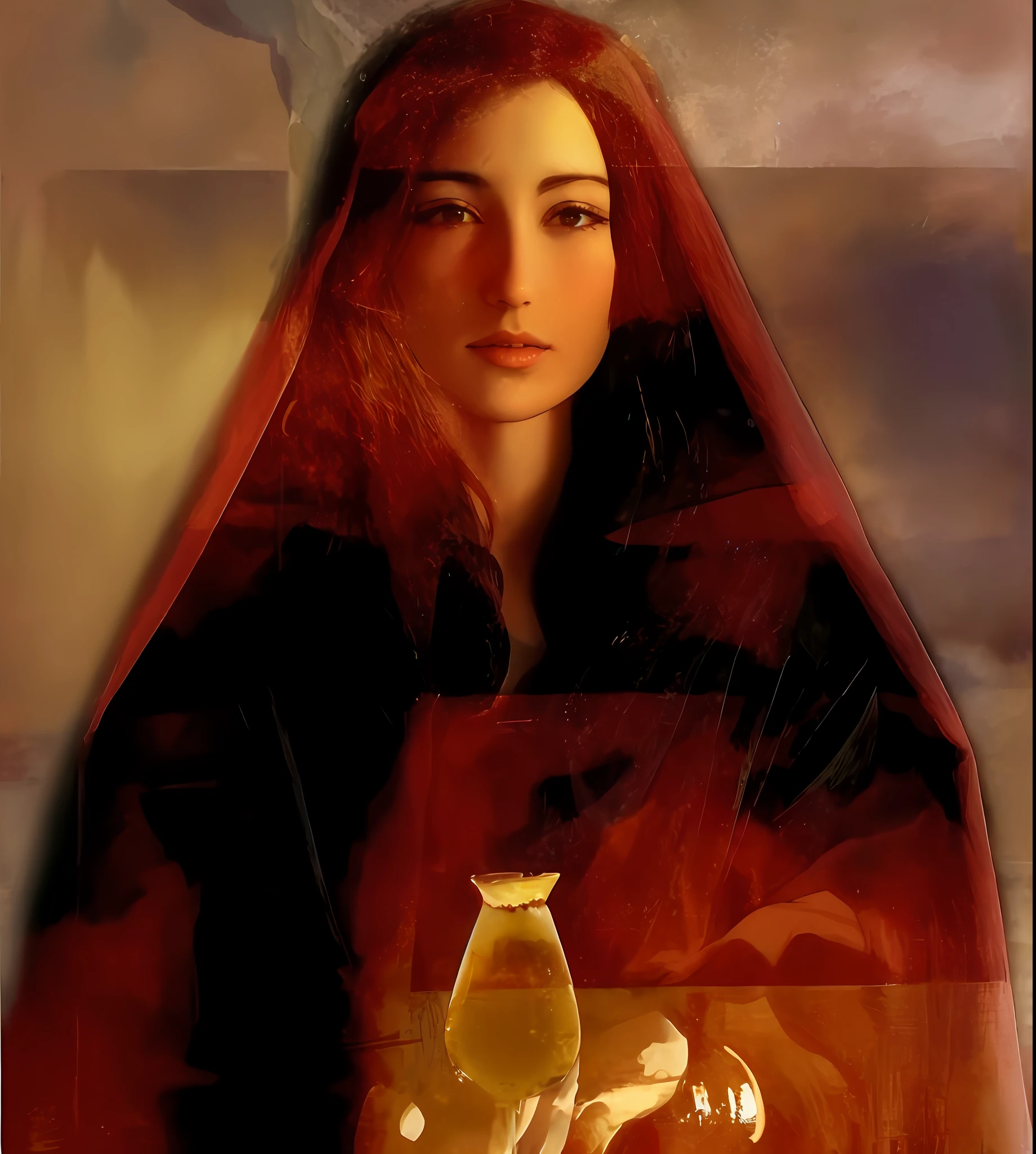 painting of a woman holding a glass of wine in her hand, digital art, devotion to the scarlet woman, by Juan O'Gorman, inspired by Andrei Rublev, portrait of Mary Magdalene, Renaissance digital painting, beautiful Jewish woman, oil painting of digital art, beautiful Iranian woman, portrait of a priestess, Mary Magdalene