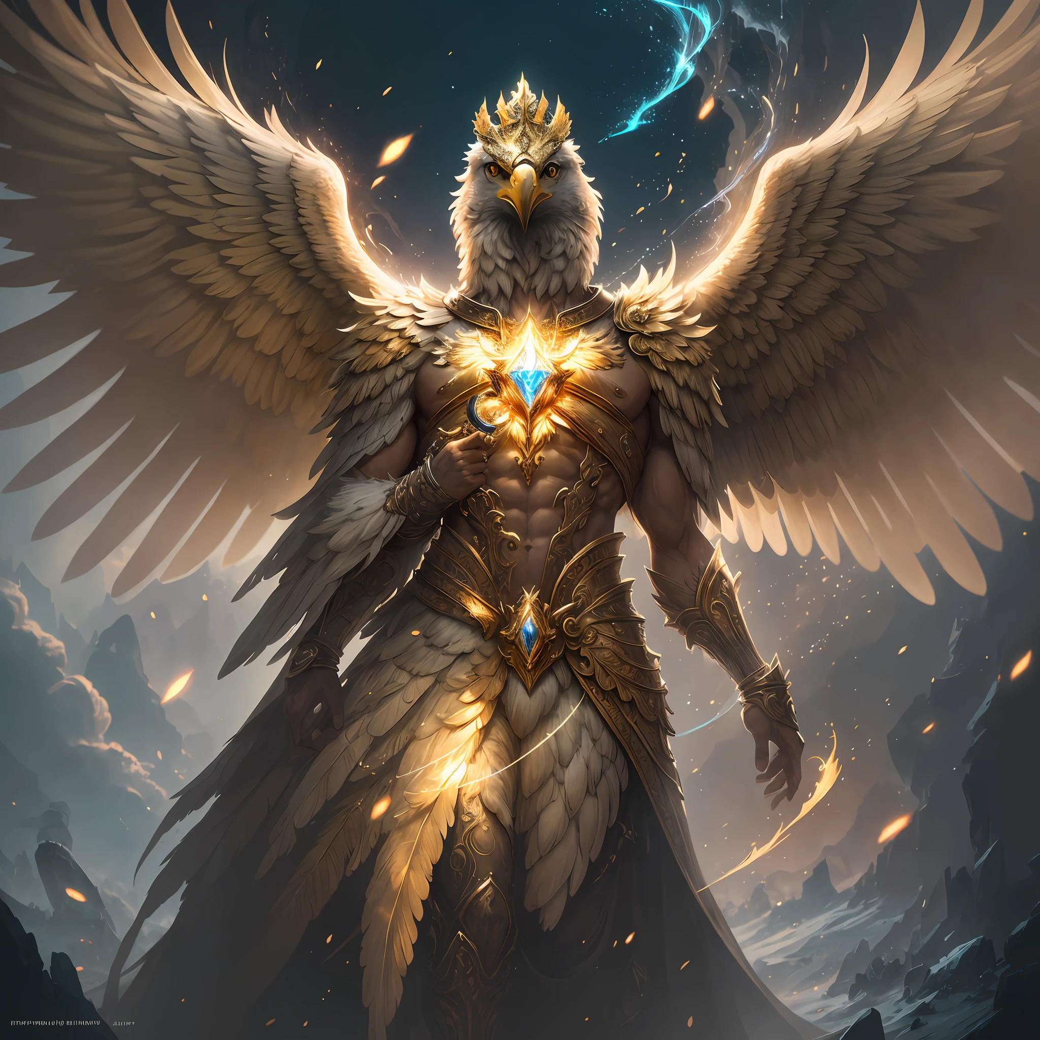 The anthropomorphic eagle vulture can be described as having a human body and (eagle's head) and golden wings, human arms, upright walking creatures, ((beautifully detailed griffin)) (extremely detailed CG Unity 8k wallpaper), professional majestic oil painting by Ed Blinky, Atea Gaylan, Studio Ghibli, Jeremy Mann, Greg Manches, Antonio Exhibited at ArtStation, Moreau was popular at CGSociety, with dramatic photorealistic paintings by Complex, High Detail, Sharp Focus, Midjourney, and Greg Rutkowska. super high resolution, best quality, photos, 8K, (Realistic: 1.2), cinematic lighting, giant in bright gold robe with golden feathers, floating on the crystal throne, floating on a crystal cloud, yellow eyes, bright yellow light emanating from the throne, gemstone floating in the sky, God, a beam of light shrouds his body, The crystal throne has large translucent (golden feathered wings) with wings spread, Golden light overhead (aura: 1.2), abdominal muscles wearing medieval golden armor, golden feathers, masculinity, darkness, masterpiece, best quality, intricate details, snow environment and crystal in background, crystal cathedral, futuristic portal, 3D light, HD, magic, light god, backlight, detailed face, fear, depth of field, soft lighting, tone mapping, high detail, concept art, smooth, clear focus, dramatic lighting, highly detailed art, film, 8K, Amazing shadows (highly detailed background: 1.2) --auto --s2