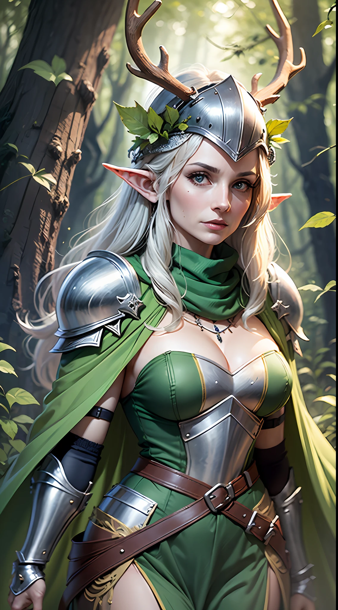 Mature woman, Adult, Older, Druid Knight, Nature Knight, Female Knight, Wearing Helmet with antlers, Her Armor is old and has is overgrown with leaves and nature, Woodland Setting, Nature, Armour With leaves, Green Cape, Woman, Druid, Wood Elf, Woodland, Wood Elf Knight, Her Helmet has antlers, Leaves on Armor, Old Armor.