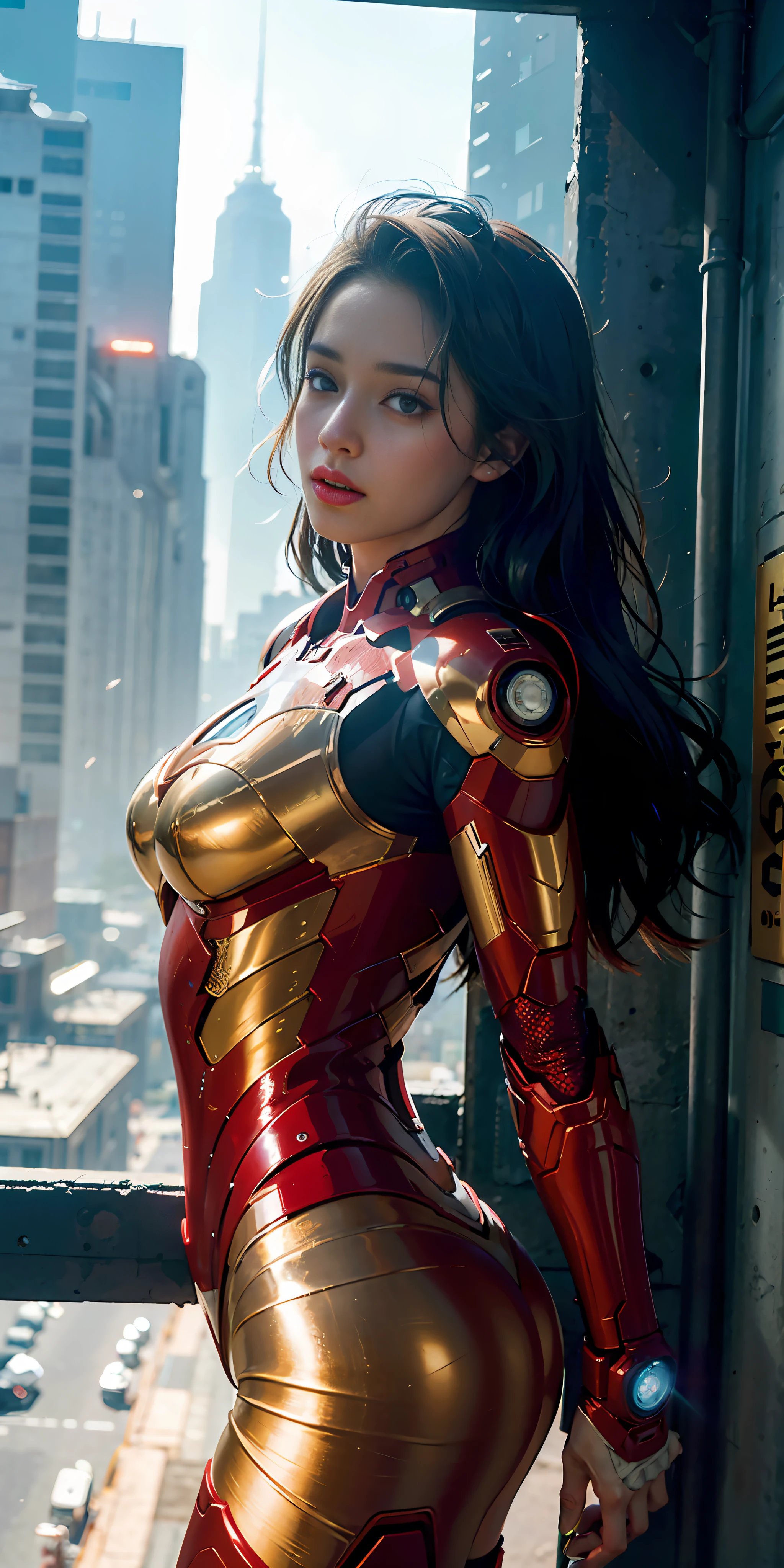 (1girl:1.3), solo, __body-parts__, official art, unified 8k wallpaper, super detailed, beautiful and aesthetic, beautiful, masterpiece, best quality, raw, masterpiece, super fine photo, best quality, super high resolution, photorealistic photo, sunlight, full-body portrait, amazingly beautiful, sexy, hot, dynamic pose, delicate face, vibrant eyes, (viewed from the side), she is wearing a futuristic Iron Man mech, red and gold color scheme, Very detailed abandoned warehouse background, detailed face, detailed complex busy background, messy, gorgeous, milky white, highly detailed skin, realistic skin details, visible pores, sharp focus, volumetric fog, 8k UHD, DSLR camera, high quality, film grain, fair skin, photo realism, lomography, huge metropolis in future dystopia, seen from below, translucent