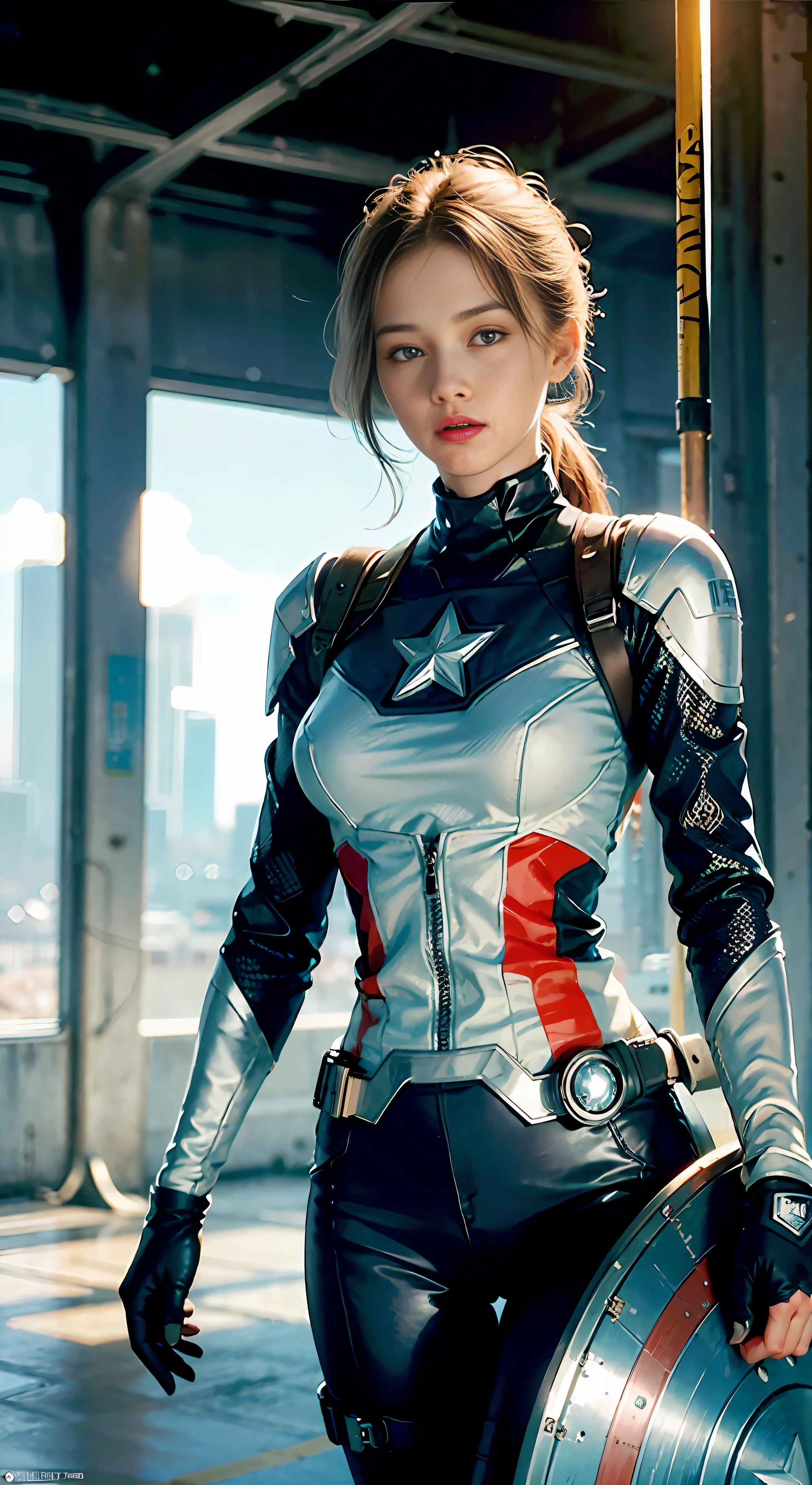 (1girl:1.3), solo, __body-parts__, official art, unified 8k wallpaper, super detailed, beautiful and aesthetic, beautiful, masterpiece, best quality, raw, masterpiece, super fine photo, best quality, super high resolution, photorealistic realism, sunlight, full-body portrait, amazing beauty, dynamic pose, delicate face, vibrant eyes, (from the front), she wears a futuristic Captain America jersey, blue color scheme, (holding a shield), A capital A on chest, very detailed abandoned warehouse background, detailed face, detailed complex busy background, messy, gorgeous, milky white, highly detailed skin, realistic skin details, visible pores, sharp focus, volumetric fog, 8k uhd, DSLR camera, high quality, film grain, fair skin, photo realism, lomography, huge metropolis in future dystopia, seen from below, translucent