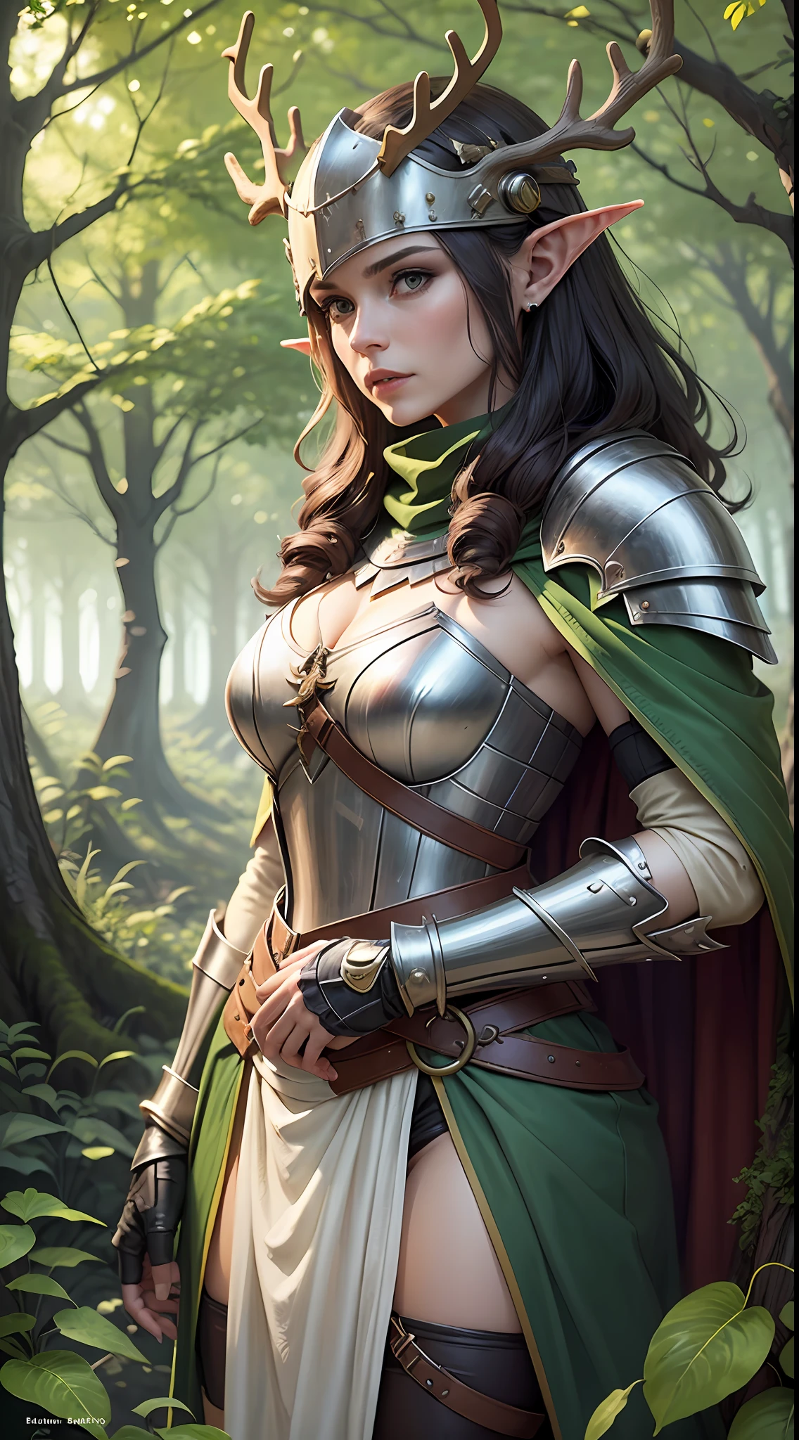 Mature woman, Adult, Older, Druid Knight, Nature Knight, Female Knight, Wearing Helmet with antlers, Woodland Setting, Nature, Armour With leaves, Green Cape, Woman, Druid, Wood Elf, Woodland, Wood Elf Knight, Her Helmet has antlers.