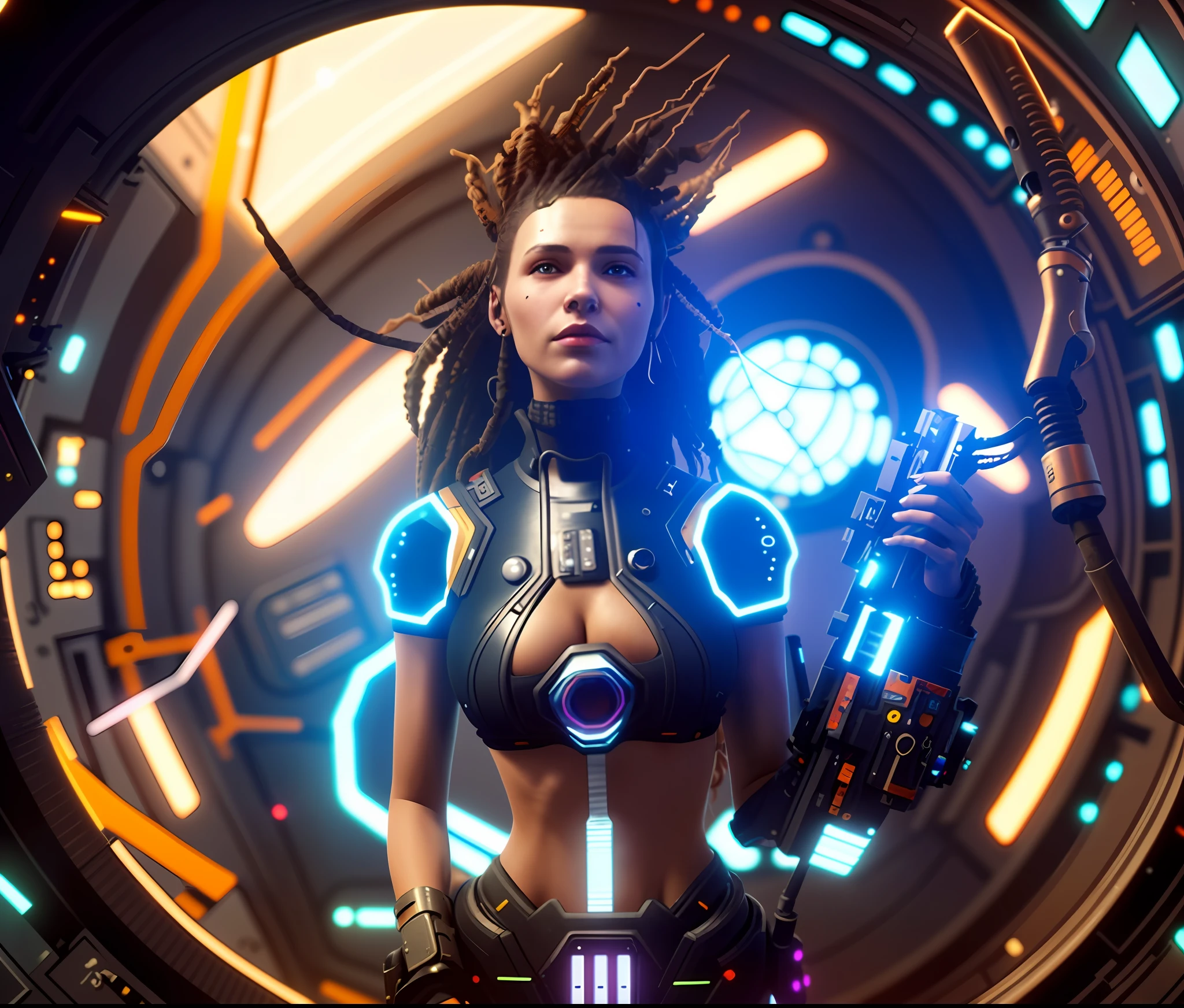 a woman in a futuristic suit holding a gun and looking at the camera, scifi woman, sci fi female character, cyberpunk 2 0 y. o model girl, sci-fi female, sci - fi character, cyberpunk art ultrarealistic 8k, future science fiction. game cg, cyberpunk angry gorgeous goddess, dreamy cyberpunk girl, cyborg goddess in cosmos, scifi character