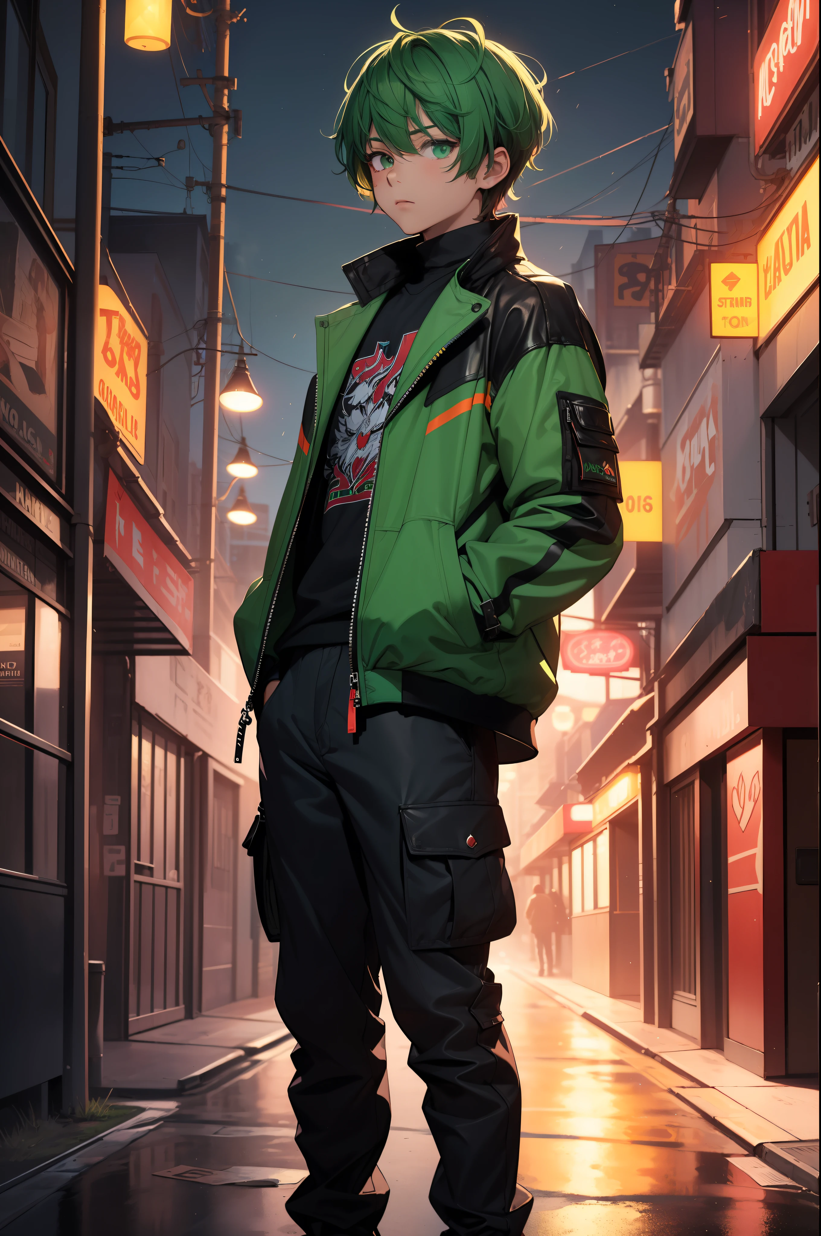 (masterpiece:1.4), 1boy, Streetwear, leather jacket, cargo pants, street, (masterpiece, best quality, highres, ultra detailed ), night, depth of field, absurdres, (masterpiece:1.4), ultra-detailed, 1boy, stand up, green and red, short green wildly hair with red streaks, urban mage, surrounded by neon and colored sparks