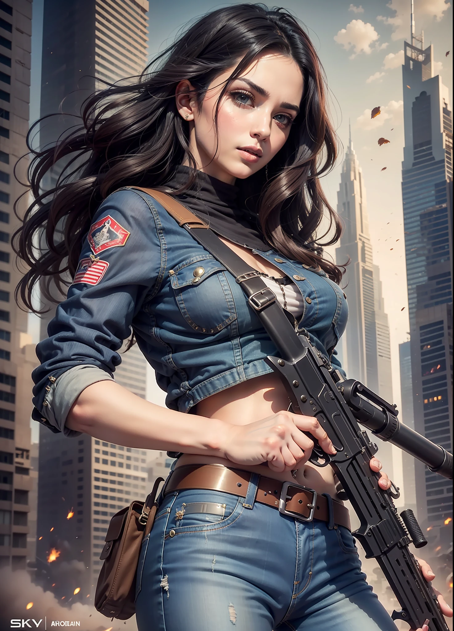 Arab movie poster, beautiful woman, medium dark long hair, jeans, belt, rivets, holster, with big gun in hands, rivets, explosions, dubai, skyscrapers, just one body