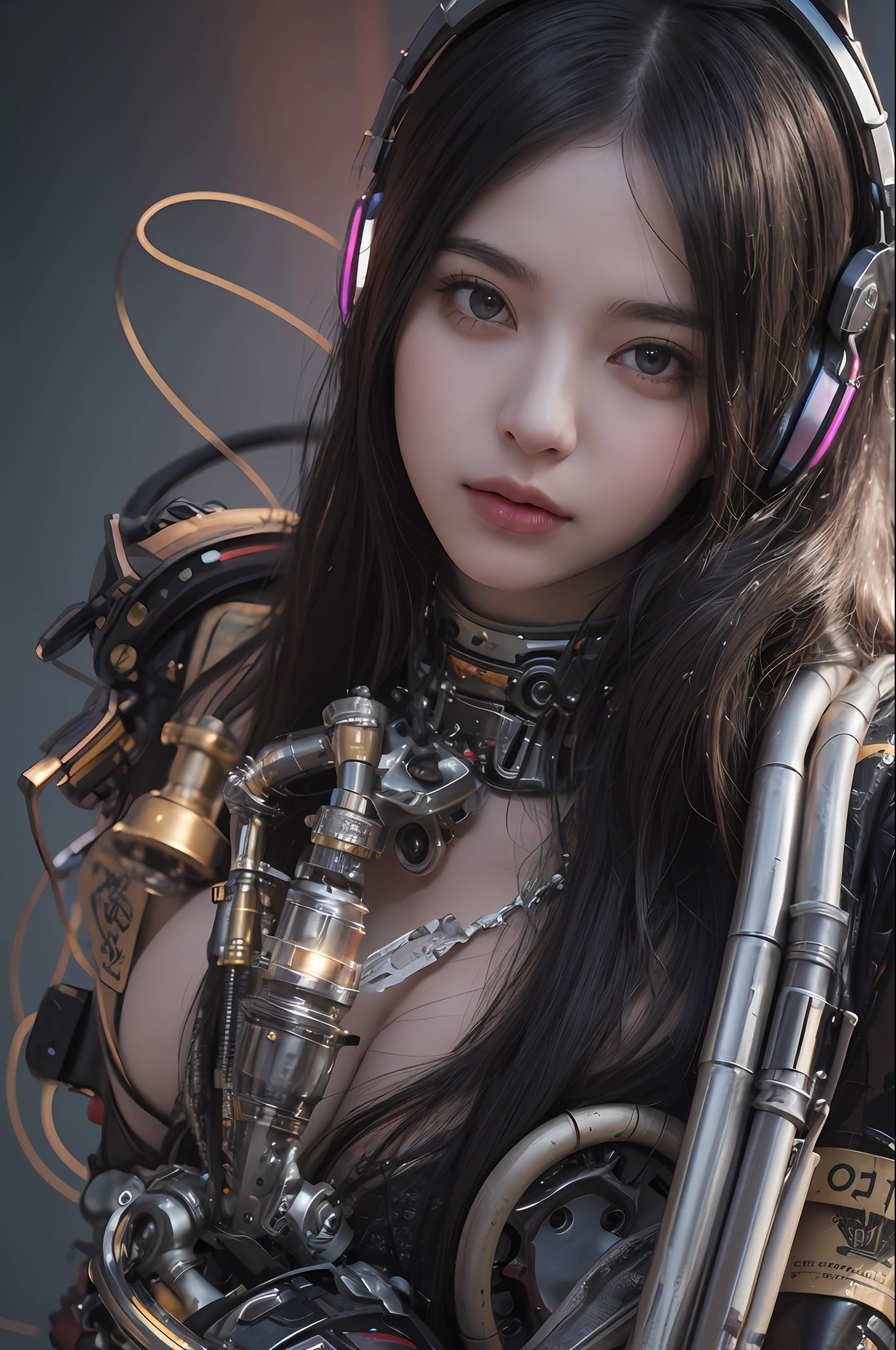 Top Quality, Masterpiece, Ultra High Resolution, (Photorealistic: 1.4), Raw Photo, 1 Girl, Black Hair, Glossy Skin, 1 Mechanical Girl, (Ultra Realistic Detail)), Portrait, Global Illumination, Shadows, Octane Rendering, 8K, Ultra Sharp, Big, Cleavage Exposed Raw Skin, Metal, Intricate Ornament Details, Headset, Hydraulic cylinder, very intricate details, realistic light, CGSoation trend, purple eyes, glowing eyes, facing the camera, neon details, mechanical limbs, blood vessels connected to tubes, mechanical vertebrae attached to the back, mechanical cervical attachment to the neck, sitting, wires and cables connecting to the head, cyberpunk, small LED lamps,