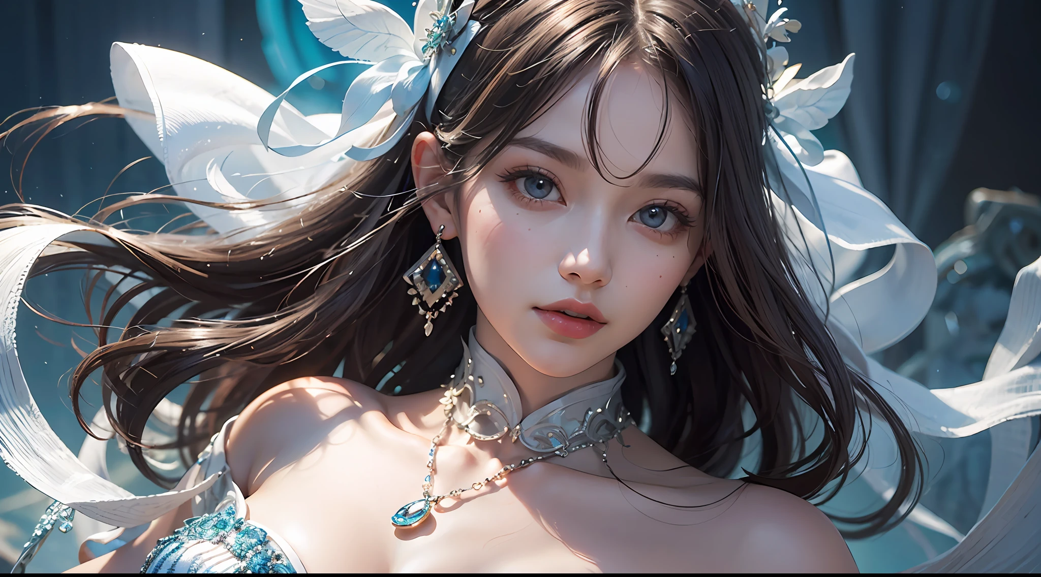 Masterpiece, Superb Illustration, Saxophone Blue, Platinum Earrings, Platinum Necklace, White Dress, 1girl, Cute, (Dynamic Light: 1.2), Cinematic Light, Delicate Facial Features, Detailed Eyes, Sharp Pupils, Realistic Pupils, Depth of Field, Background Bokeh, Clear Focus, (Ultra Detailed, Halo, Glow: 1.4), Many Small Gems, 8K, Masterpiece, Best Quality, Movie Stills, 1Girl, Floating in the Sky, Interlaced Clouds, Clouds, (Close-up: 1.1), bright, happy, funny, soft lighting, (Bauhaus, shapes, lines, abstraction: 1.1) official art, Unity 8k wallpaper, ultra detail, beautiful and beautiful, masterpiece, best quality, (dynamic angle: 1.4), romantic depth of field exotic_dance, PerfectNwsjMajic, (masterpiece, top quality, best quality, official art, beauty and aesthetics: 1.2), extreme detail, colorful, highest detail, transparent dress, romantic style, multi-color transparent fabric, ethereal fairy tale, light dress, flowing dress, sexy dress, really perfect body, huge amazing goddess shot, thicc, Japanese goddess, surreal full body figure, sexy body, thick body, Asian goddess, soft curved shape, movie goddess body shot, beautiful goddess, realistic, extremely detailed goddess shot, plump, provocative, Japanese goddess, sexy body, plump body