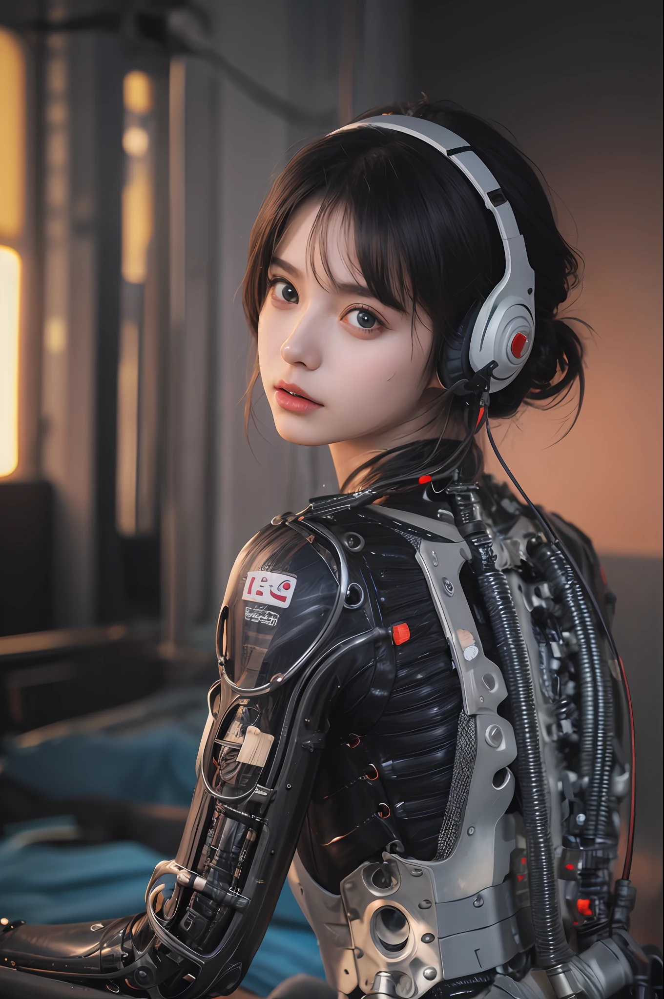 Top Quality, Masterpiece, Ultra High Resolution, (Photorealistic: 1.4), Raw Photo, 1 Girl, Black Hair, Glossy Skin, 1 Mechanical Girl, (Ultra Realistic Detail)), Portrait, Global Illumination, Shadows, Octane Rendering, 8K, Ultra Sharp, Big, Cleavage Exposed Raw Skin, Metal, Intricate Ornament Details, Headset, Hydraulic cylinder, very intricate details, realistic light, CGSoation trend, purple eyes, glowing eyes, facing the camera, neon details, mechanical limbs, blood vessels connected to tubes, mechanical vertebrae attached to the back, mechanical cervical attachment to the neck, sitting, wires and cables connecting to the head, cyberpunk, small LED lamps,
