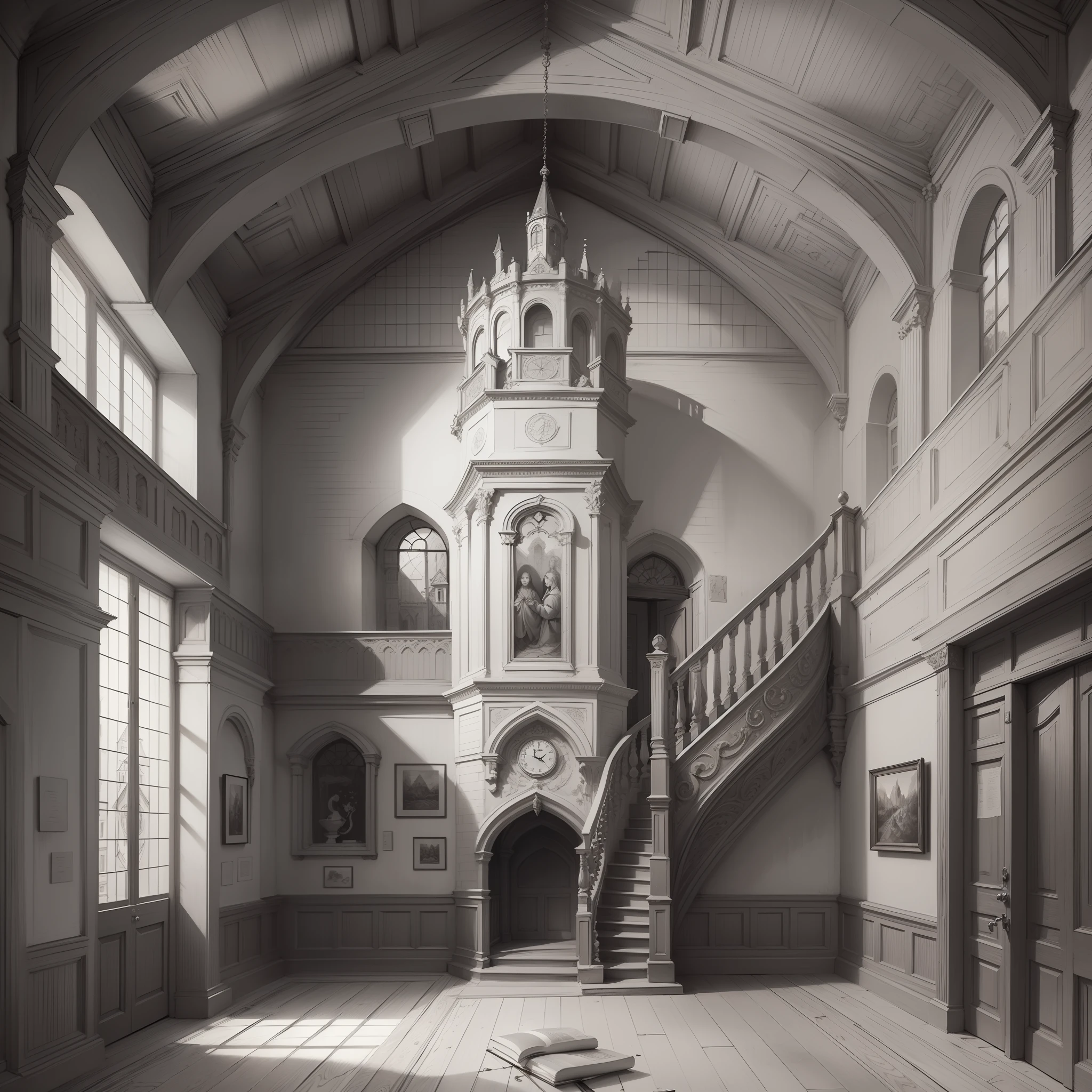 A handmade drawing in black and white on a parchment, (a medieval house of 2 floors), masterpiece, detailed, handmade, artbook, pencil, art, (Leonardo da Vinci art), light, perfect, super detailed, castle, middle ages