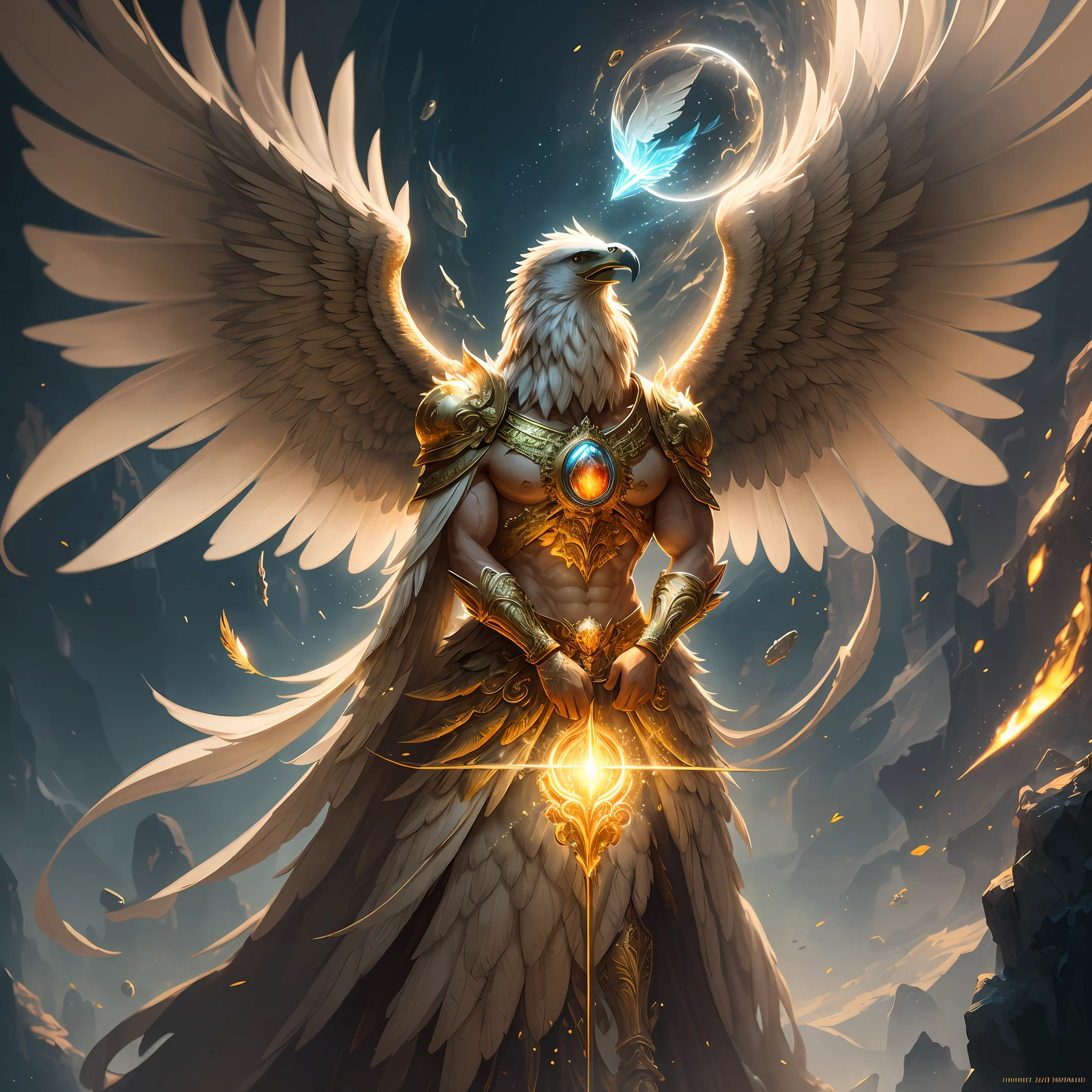 The anthropomorphic eagle vulture can be described as having a human body and (eagle's head) and golden wings, human arms, upright walking creatures, ((beautifully detailed griffin)) (extremely detailed CG Unity 8k wallpaper), professional majestic oil painting by Ed Blinky, Atea Gaylan, Studio Ghibli, Jeremy Mann, Greg Manches, Antonio Exhibited at ArtStation, Moreau was popular at CGSociety, with dramatic photorealistic paintings by Complex, High Detail, Sharp Focus, Midjourney, and Greg Rutkowska. super high resolution, best quality, photos, 8K, (Realistic: 1.2), cinematic lighting, giant in bright gold robe with golden feathers, floating on the crystal throne, floating on a crystal cloud, yellow eyes, bright yellow light emanating from the throne, gemstone floating in the sky, God, a beam of light shrouds his body, The crystal throne has large translucent (golden feathered wings) with wings spread, Golden light overhead (aura: 1.2), abdominal muscles wearing medieval golden armor, golden feathers, masculinity, darkness, masterpiece, best quality, intricate details, snow environment and crystal in background, crystal cathedral, futuristic portal, 3D light, HD, magic, light god, backlight, detailed face, fear, depth of field, soft lighting, tone mapping, high detail, concept art, smooth, clear focus, dramatic lighting, highly detailed art, film, 8K, Amazing shadows (highly detailed background: 1.2) --auto --s2