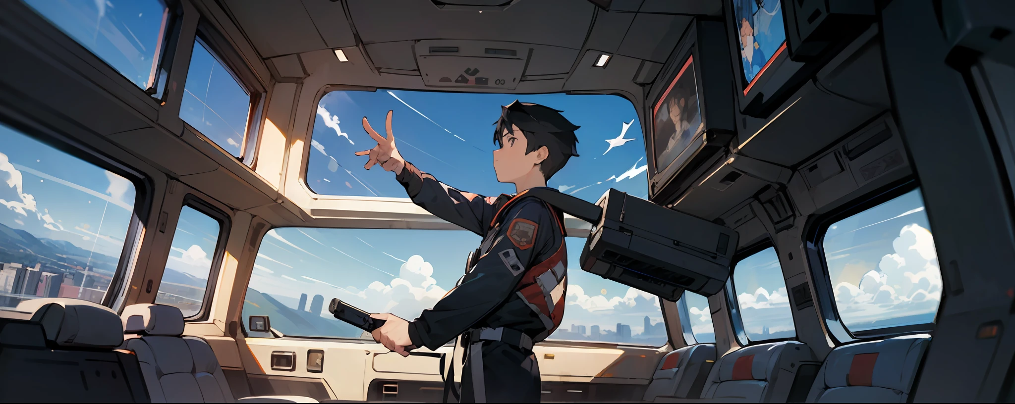 1 boy, solo, from outside, front view, in fighter cockpit, masterpiece, best quilt, high quilt, plug set, looking away, black_hair, high altitude, depicting floor-to-ceiling window background outside the city.
