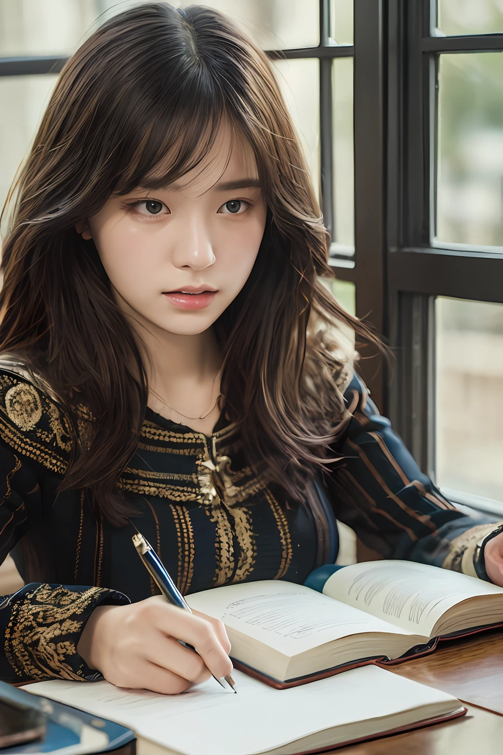 high resolution, extremely detailed photography, a woman sitting at a desk in front of a window, shadowverse style, dark-hair, clash royale, chemisty, after creating humans, soft evening lighting, the blacksmits' daughter, holding notebook, victorian, beautiful crying! android woman, high detail skin, artfact, a detailed painting, by Pu Hua, academic art, pixiv contest winner, alchemist library background, (photorealistic), masterpiece, best quality