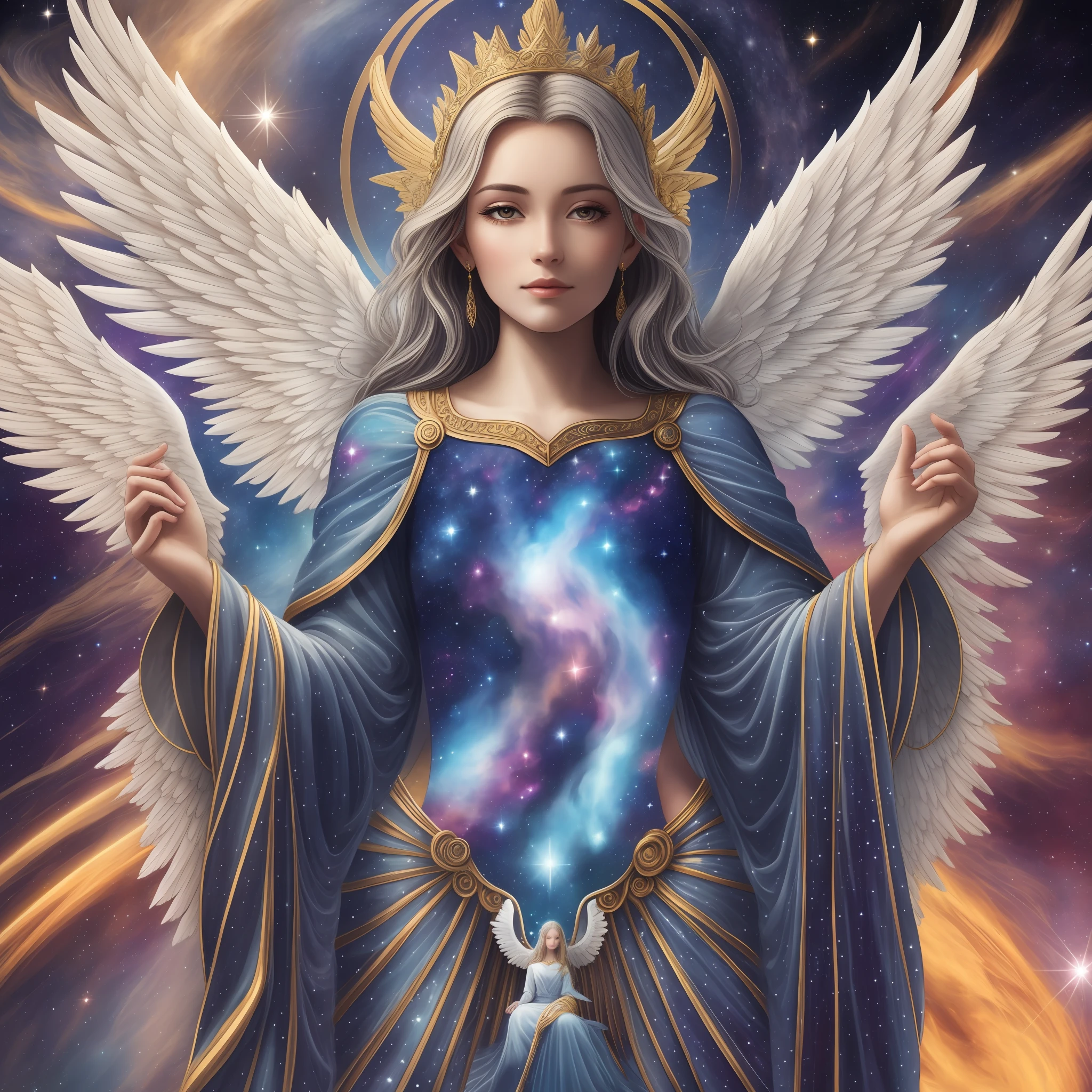 a close up of a woman with wings in a space background, elven angel meditating in space, celestial goddess, goddess. extremely high detail, ethereal angelic being of light, glowing angelic being, cosmic goddess, beautiful celestial mage, archangel, angel spirit guide, queen of heaven, astral ethereal, full - body majestic angel, divine cosmic female power