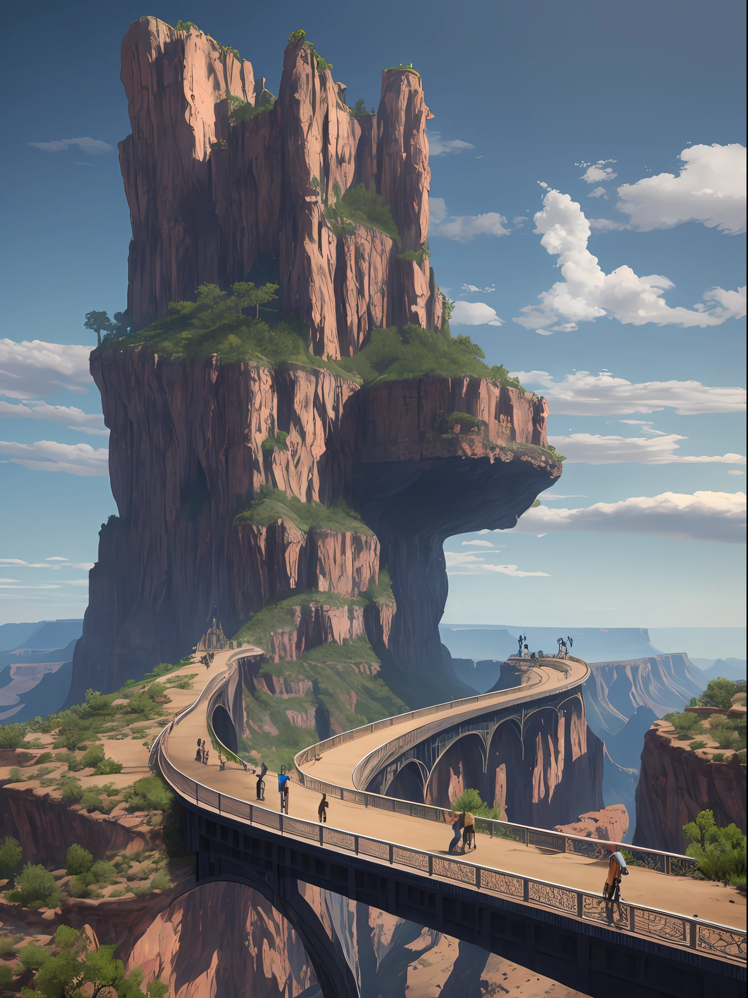 futuristic art of a futuristic bridge cliff House on grand Canyon with people walking over it, futuristic landscape, concept art 8 k, 8 k high detail concept art, futuristic architectural art, 8k concept art, 8 k concept art, surreal sci fi architecture, 8k stunning artwork, futuristic valley, smooth digital concept art, futuristic architecture concept, epic fantasy sci fi illustration, 8k resolution concept art --auto --s2