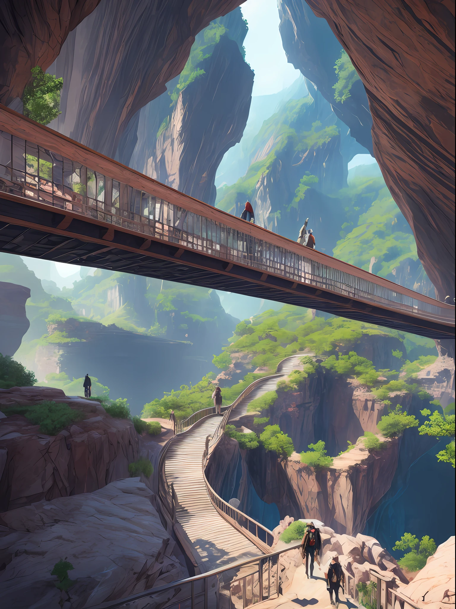futuristic art of a futuristic bridge cliff House on grand Canyon with people walking over it, futuristic landscape, concept art 8 k, 8 k high detail concept art, futuristic architectural art, 8k concept art, 8 k concept art, surreal sci fi architecture, 8k stunning artwork, futuristic valley, smooth digital concept art, futuristic architecture concept, epic fantasy sci fi illustration, 8k resolution concept art --auto --s2