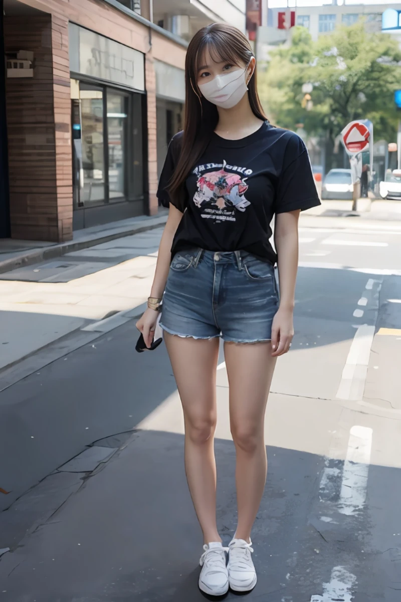 (best quality), masterpiece, (photo realistic:1.5), 8k quality, 1 beautiful woman, (full body:1.6), dark brown hair, updo hair, brown eyes, front, detailed face, beautiful eyes, looking at viewer, smile, BREAK wearing a mask, wearing a tee shirt and denim short pants, warking in a downtown, 30 years old