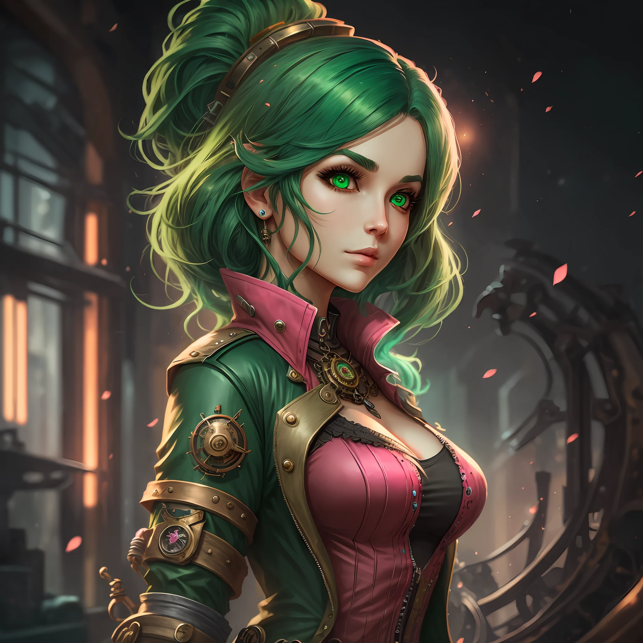 Woman, Green Hair, Tight Pink and Green Clothes, Steampunk, Final Fantasy, Tina, Earth, Artstation,Sexy --auto --s2