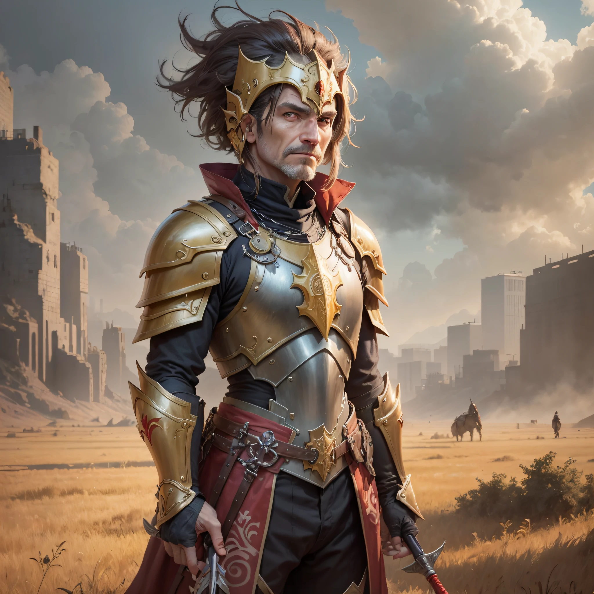 Photo of a paladin wearing a golden armor with red tribal designs, is a middle-aged man, he does not wear the helmet of armor, his hair is short, his hair is combed back, he stares at the viewer and holds in his right hand a red spear, in the background open field with many lifeless bodies. Short hair.