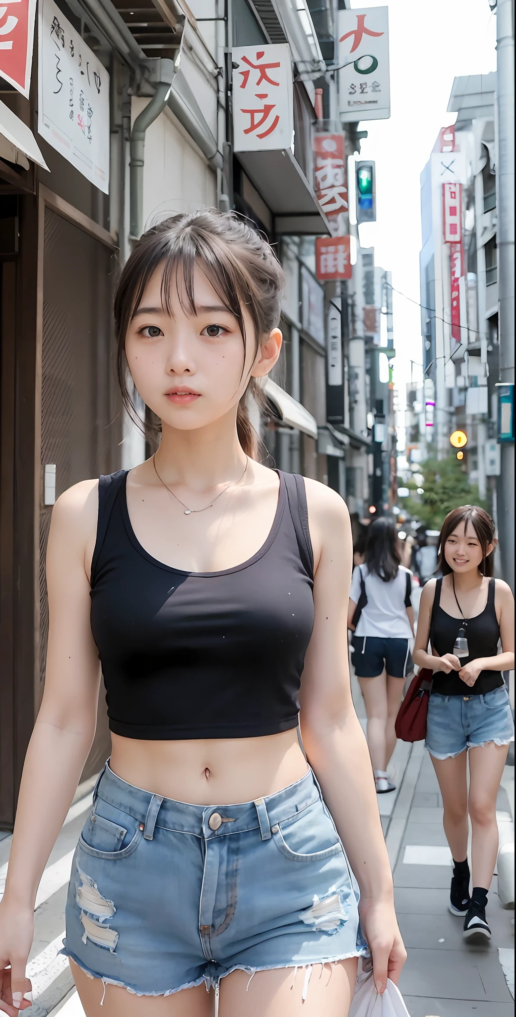 Two high school girls who came to visit Tokyo in the middle of summer, face upbeat by heat, sweaty, tank top, shorts, friendly atmosphere, street
