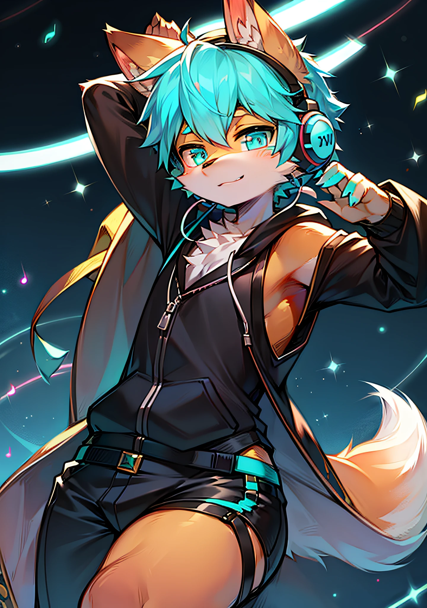 Yellow-brown fox, boy, cyan eyes, ear patterns, wearing headphones, posing, music, dazzling