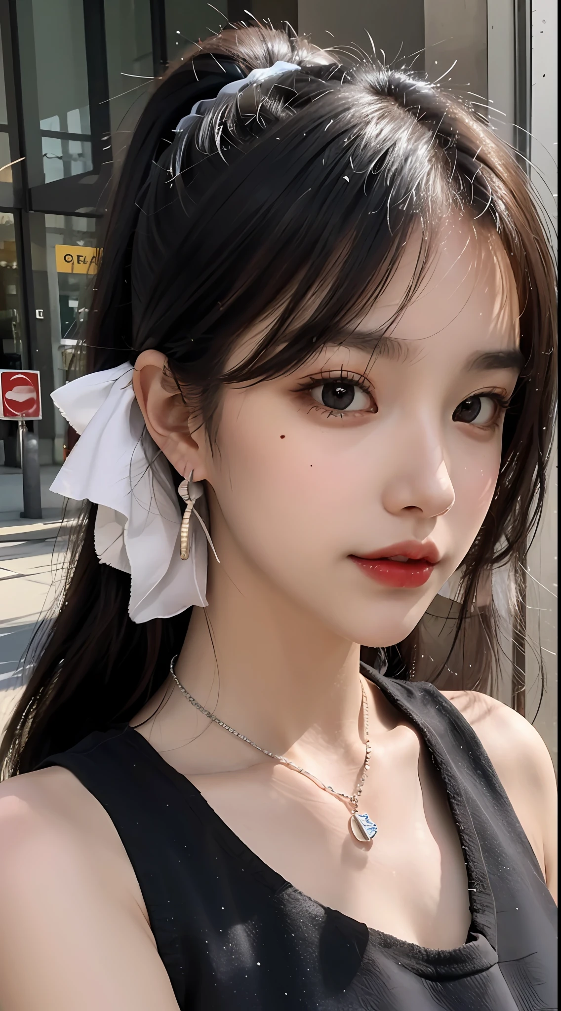 (Masterpiece), best quality, 8K resolution, real, a beautiful girl, wearing a sports vest, with a necklace, a beauty mole under the corner of the left eye, perfect figure, ((beautiful detailed face)), black hair (ponytail) (oblique bangs), delicate makeup, red lips, shiny lips, long eyelashes, with silver earrings, bright big eyes, eye shadow, lying silkworm, movie lighting, cute girl, master works, high detail, colorful picture, light and shadow details, extremely delicate beautiful girl, Supple fair skin, delicate facial features, perfect face, stunning beauty, extreme details, realistic details, holding a mobile phone to take a selfie, on the streets of a Chinese city