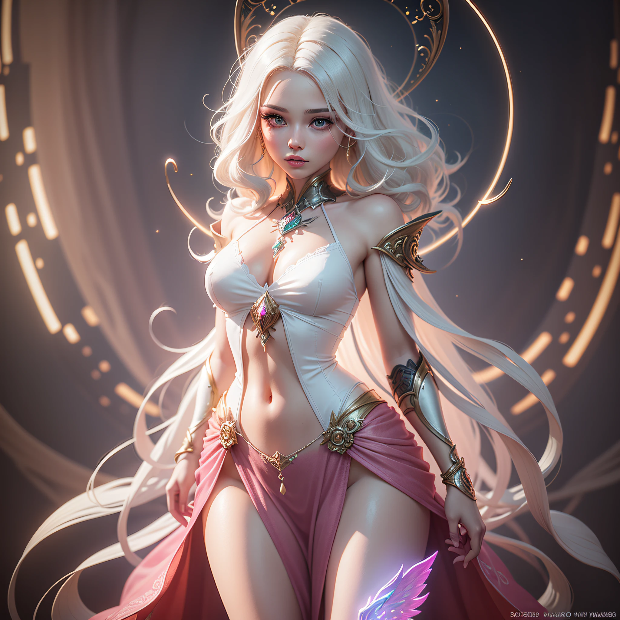 blond woman with white hair and glowing lights in a pink dress, beautiful digital artwork, fantasy gorgeous lighting, gorgeous digital art, stunning digital illustration, digital fantasy art ), 3 d render character art 8 k, a stunning young ethereal figure, 4k highly detailed digital art, ethereal fantasy, very beautiful digital art, beautiful digital art, fantasy digital art, digital fantasy art