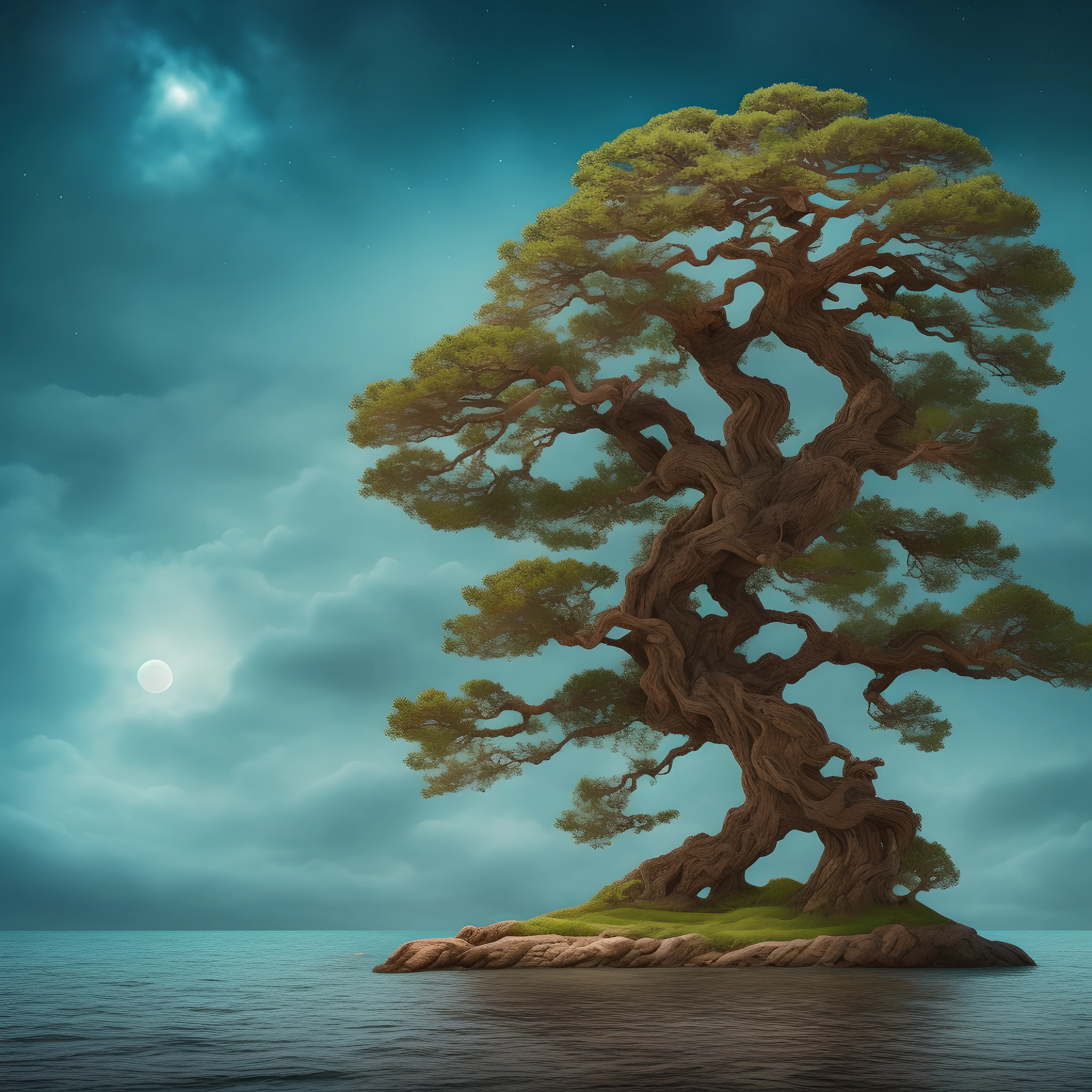 There is a tree standing on a small island, ancient tree, twisted tree, its trunk makes an S, bonsai tree, ancient wooden environment, magic tree, giant tree, highly detailed 8K digital art, fantasy tree, highly detailed scene, matte painting, dark background, closed night.