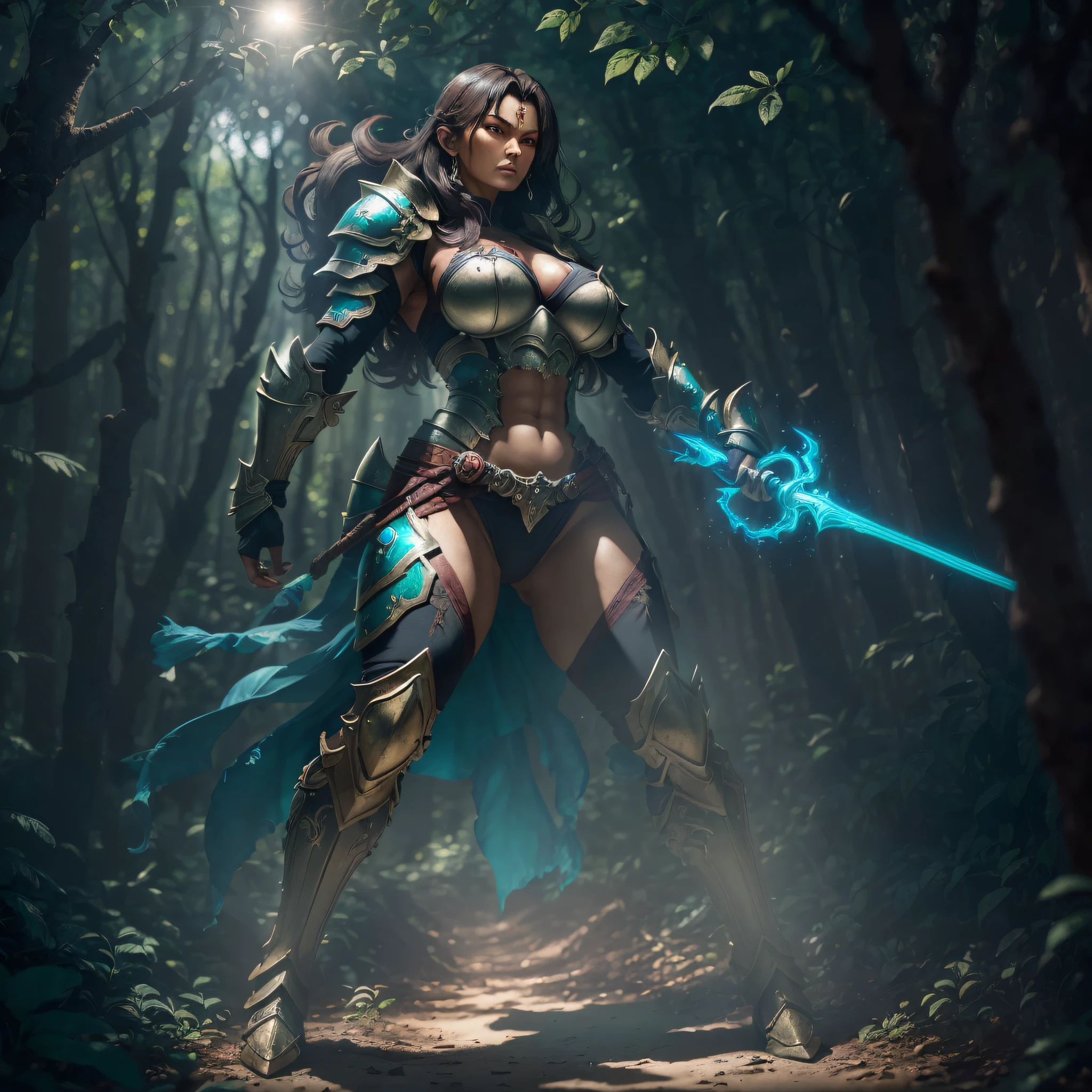 ((45-year-old gorgona woman)), in a forest with slightly high night light, full body, (perfect body), with armor and relics, (beautiful perfection), with a threatening look, in battle pose, (ultra-detailed: 1.3), (high definition: 1.6), 8k