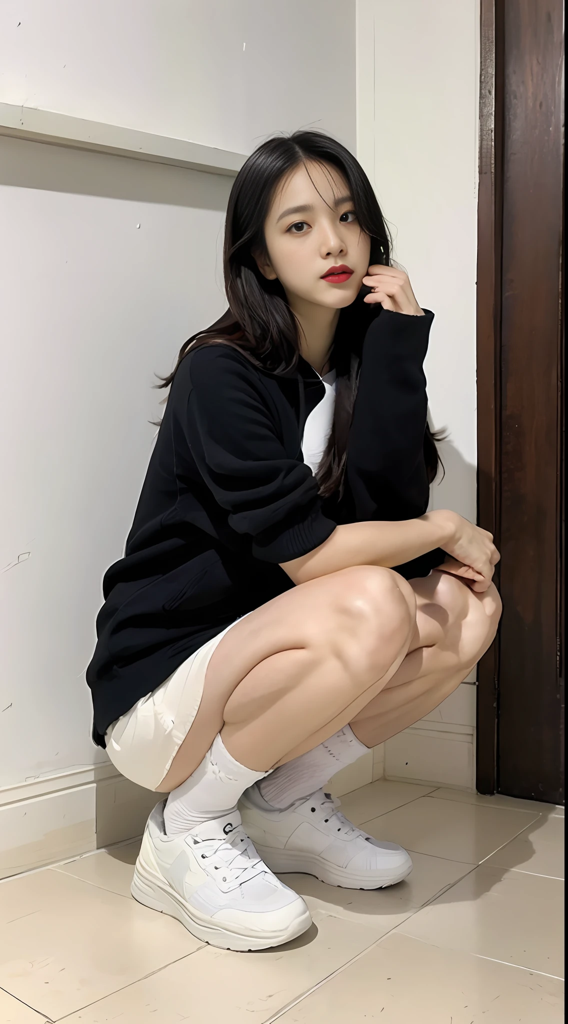 Feet, white cotton socks, sneakers, toilet, squat, pit, white panties, JK miniskirt
