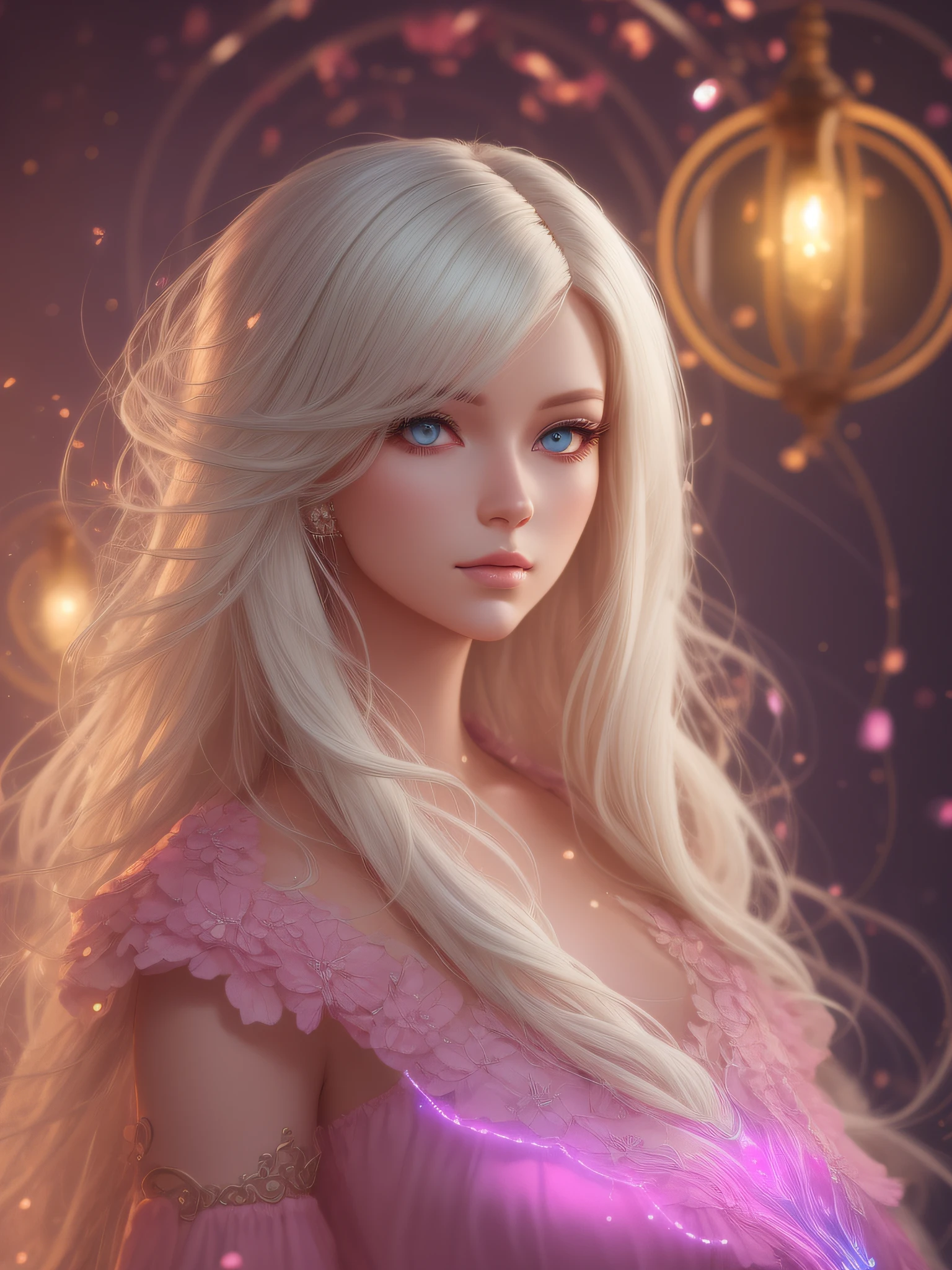 blond woman with white hair and glowing lights in a pink dress, beautiful digital artwork, fantasy gorgeous lighting, gorgeous digital art, stunning digital illustration, digital fantasy art ), 3 d render character art 8 k, a stunning young ethereal figure, 4k highly detailed digital art, ethereal fantasy, very beautiful digital art, beautiful digital art, fantasy digital art, digital fantasy art