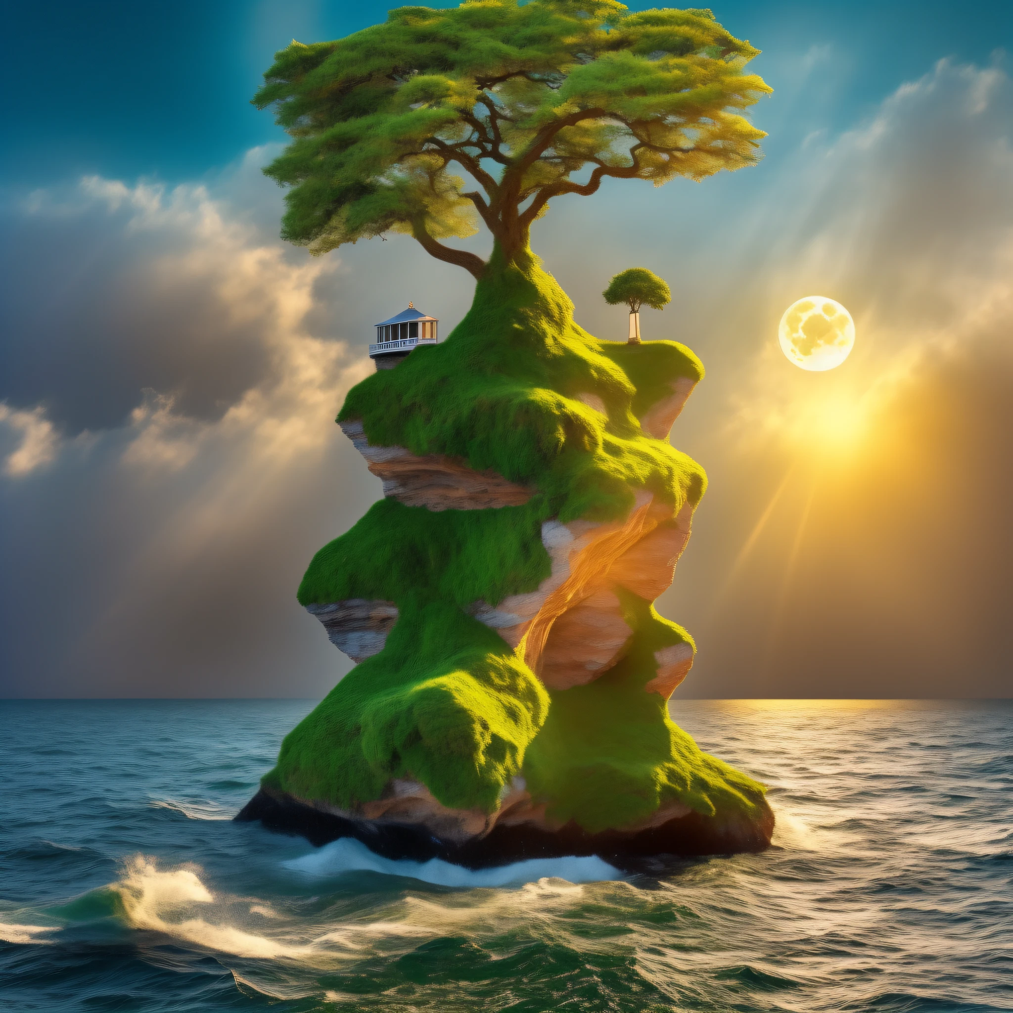 In the middle of the ocean with rough sea a rock with great and beautiful tree on top, super detailed, hyper realistic, a bright big moon, blue light, tree with many light green leaves, isolated altar in the middle of the ocean