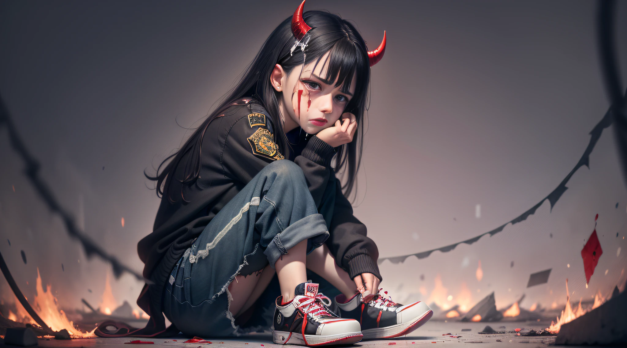 1girl, red bright pupils, black tunic, black trousers, sneakers, crying, blood tears, blood on face, blood stains on clothes, dark background, panorama, panic, demon horn