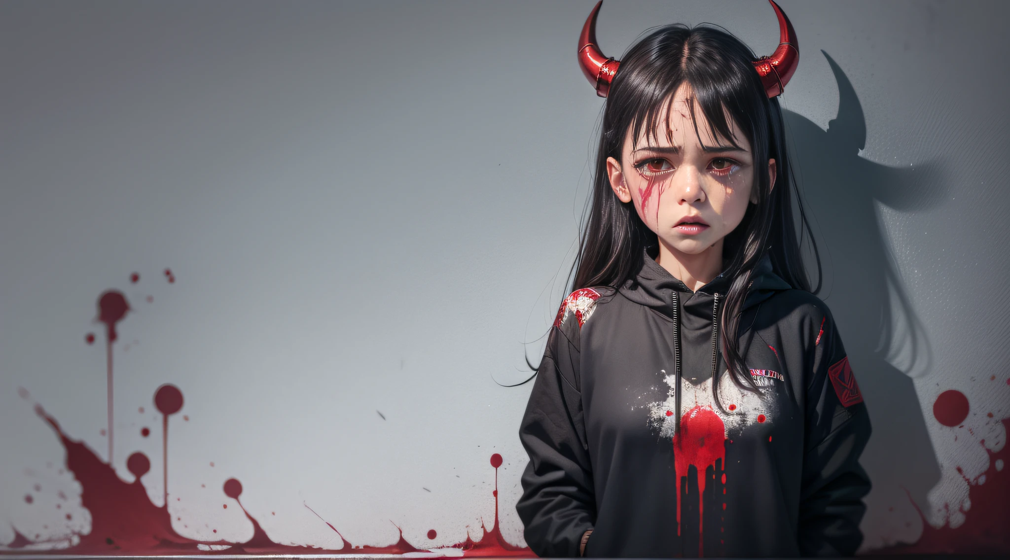 1girl, red bright pupils, black tunic, black trousers, sneakers, crying, blood tears, blood on face, blood stains on clothes, dark background, panorama, panic, demon horn