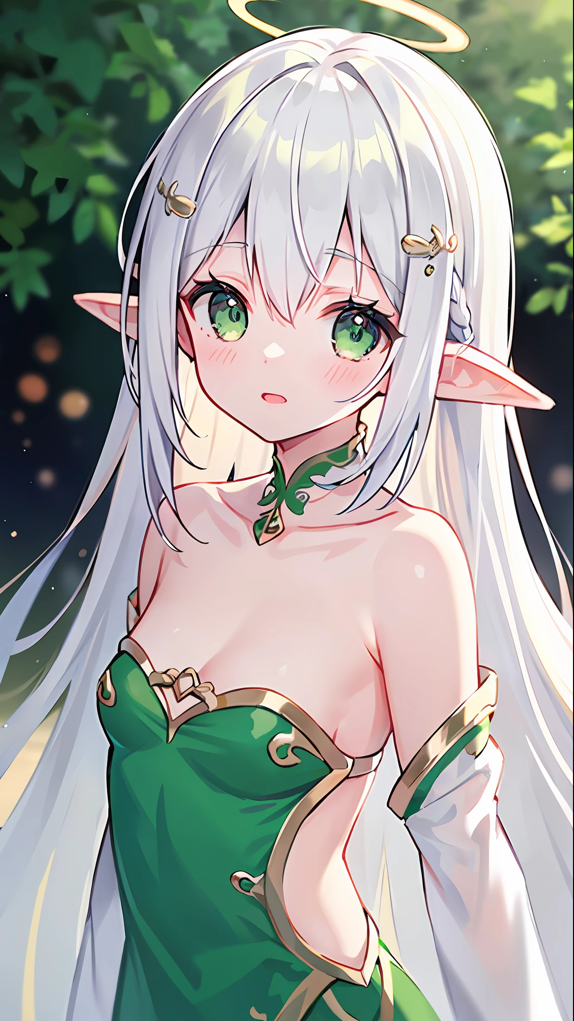 masterpiece, superb painting, illustration, 1 girl, cute, (dynamic light: 1.2), cinematic light, delicate facial features, (beautiful eyes: 1.2), (bright green eyes: 1.233), waterfall braid, extra long white hair, elf ears, depth of field, background bokeh, clear focus, (super detailed, halo, glow: 1.4), long white hair, beautiful girly face, fair, medium, (bare shoulders: 1.1), (nude: 1.1), dress, trimmed white, delicate gorgeous, (slit sleeves, wide sleeves), leafy green hairpin