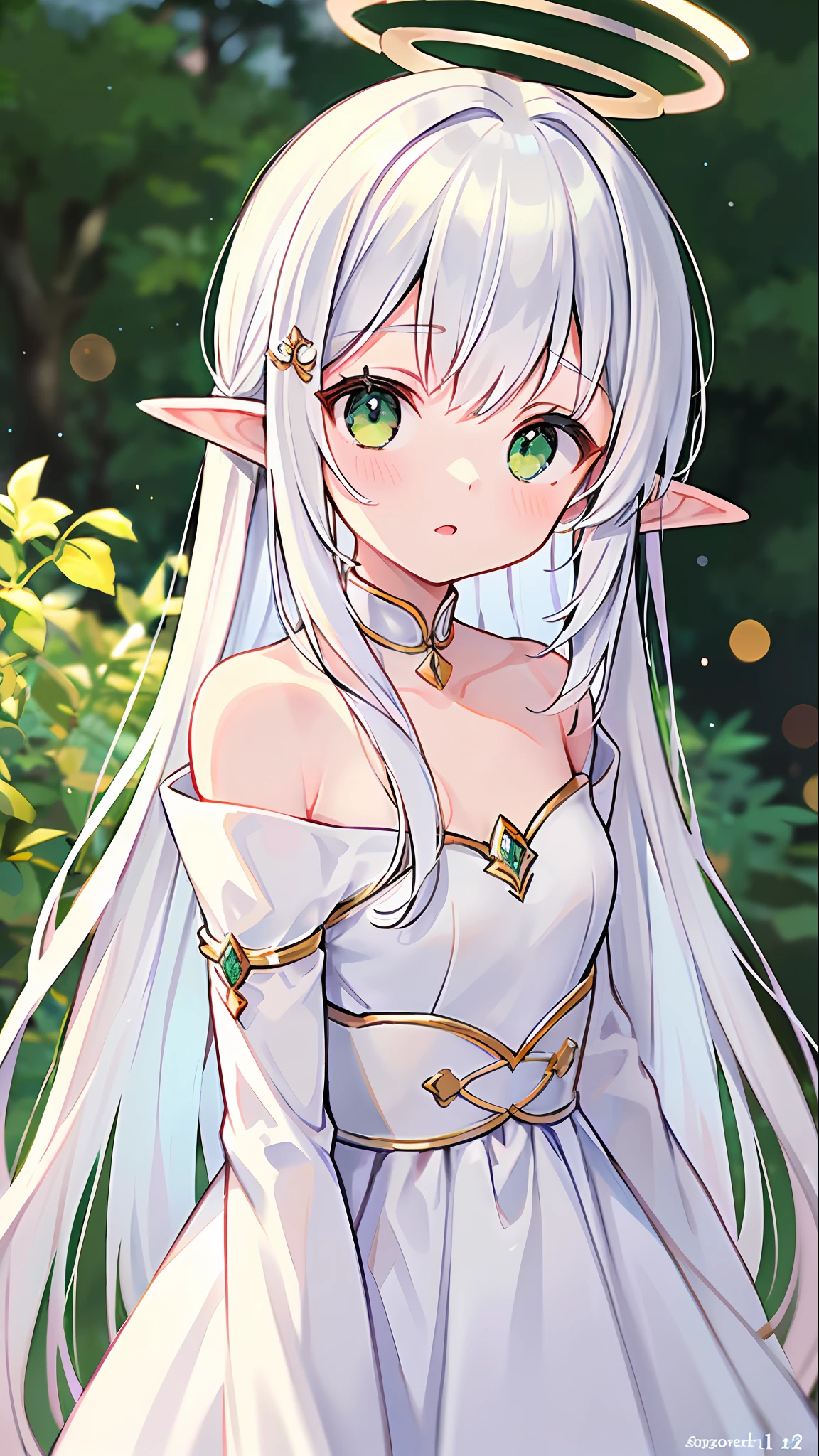 masterpiece, superb painting, illustration, 1 girl, cute, (dynamic light: 1.2), cinematic light, delicate facial features, (beautiful eyes: 1.2), (bright green eyes: 1.233), waterfall braid, extra long white hair, elf ears, depth of field, background bokeh, clear focus, (super detailed, halo, glow: 1.4), long white hair, beautiful girly face, fair, medium, (bare shoulders: 1.1), (nude: 1.1), dress, trimmed white, delicate gorgeous, (slit sleeves, wide sleeves), leafy green hairpin