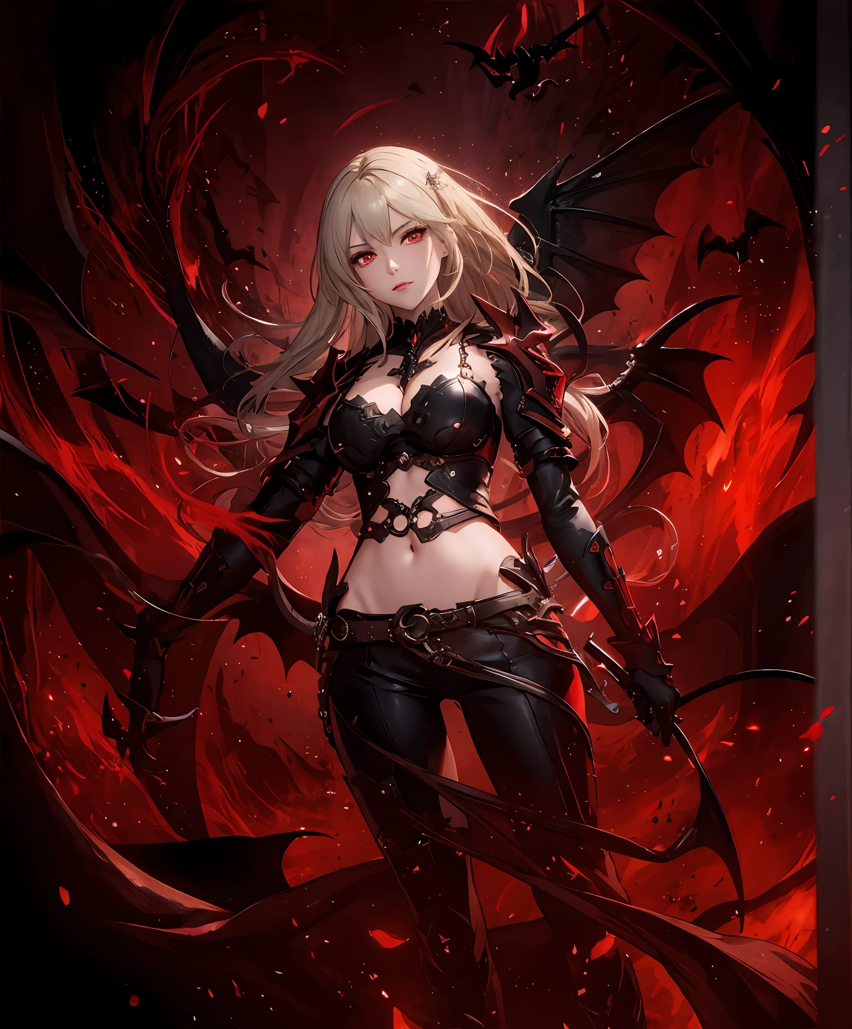 masterpiece, best quality, 1woman, adult, female focus, solo, light blonde hair, long hair, vibrant red eyes, looking at viewer, closed mouth, bangs, Fantasy aesthetics, Highly detailed, shadowverse style, full body, raven winged female vampire, beautiful succubus, epic exquisite character art, beautiful elegant demon queen, succubus, demon anime girl