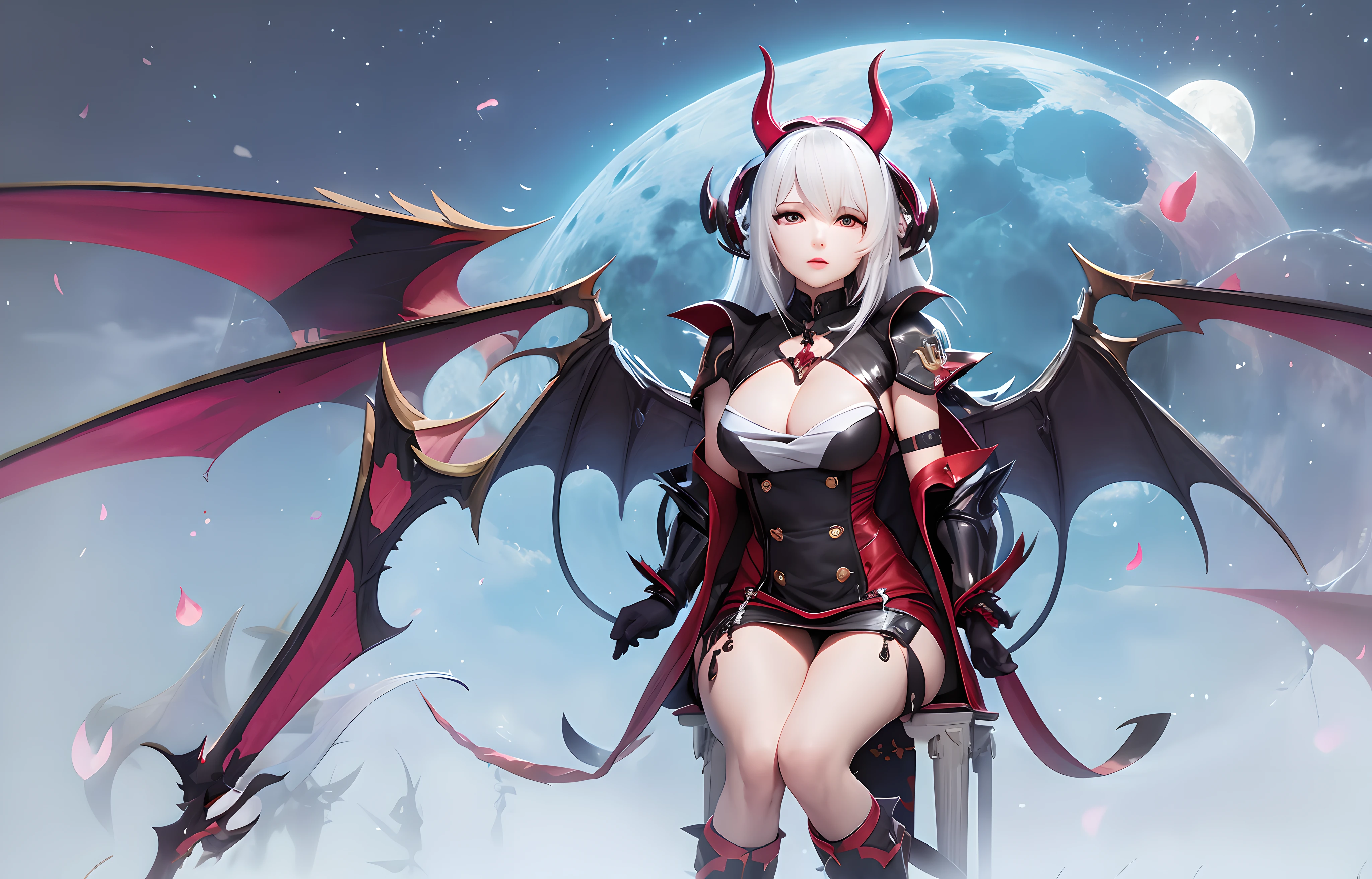 (Masterpiece) 3D high resolution, sitting on a throneAnime character with wings and a full blood body, from the video game Azur Lane, Demon Anime Girl, White Horns Queen Demon, Characters from Azur Lane, Sharp Silver Armor Fuchsia Skin, Mika Kurai Demon, Azur Lane Style, Holy Cyborg Necromancer Girl, Giesha Demon, Beautiful Succubus, Moon Clothing