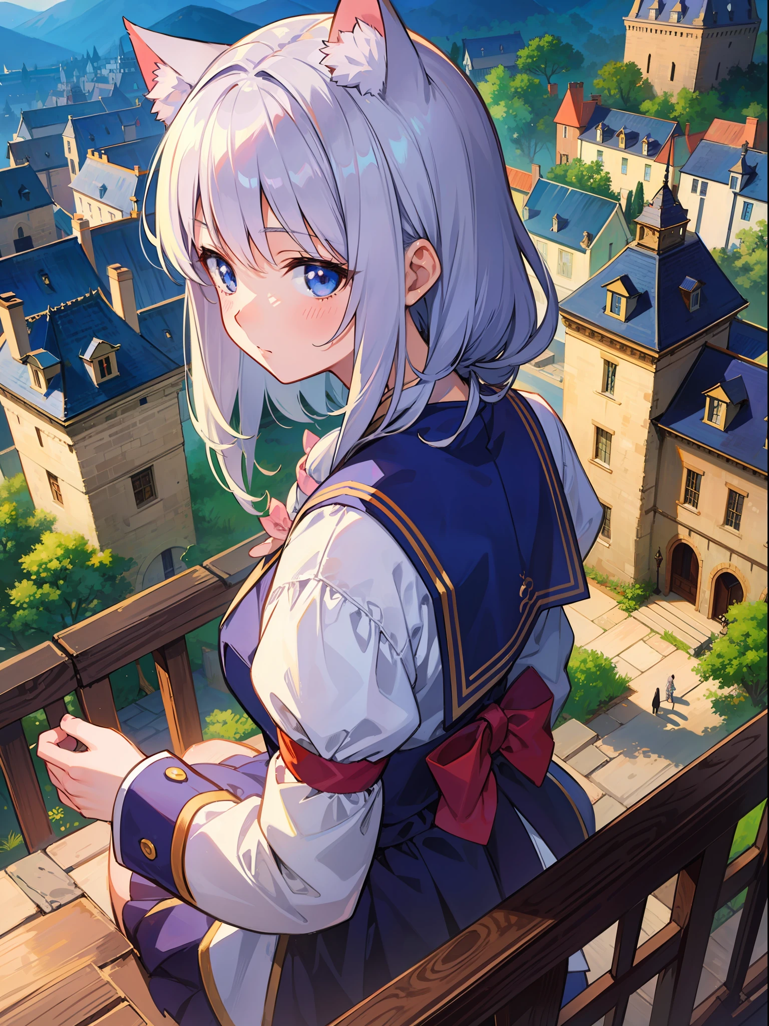 (masterpiece), (highest quality anime illustration), (super definition), one girl, solo, beautiful girl with silver hair, cat ear loli, castle town looking down from the castle