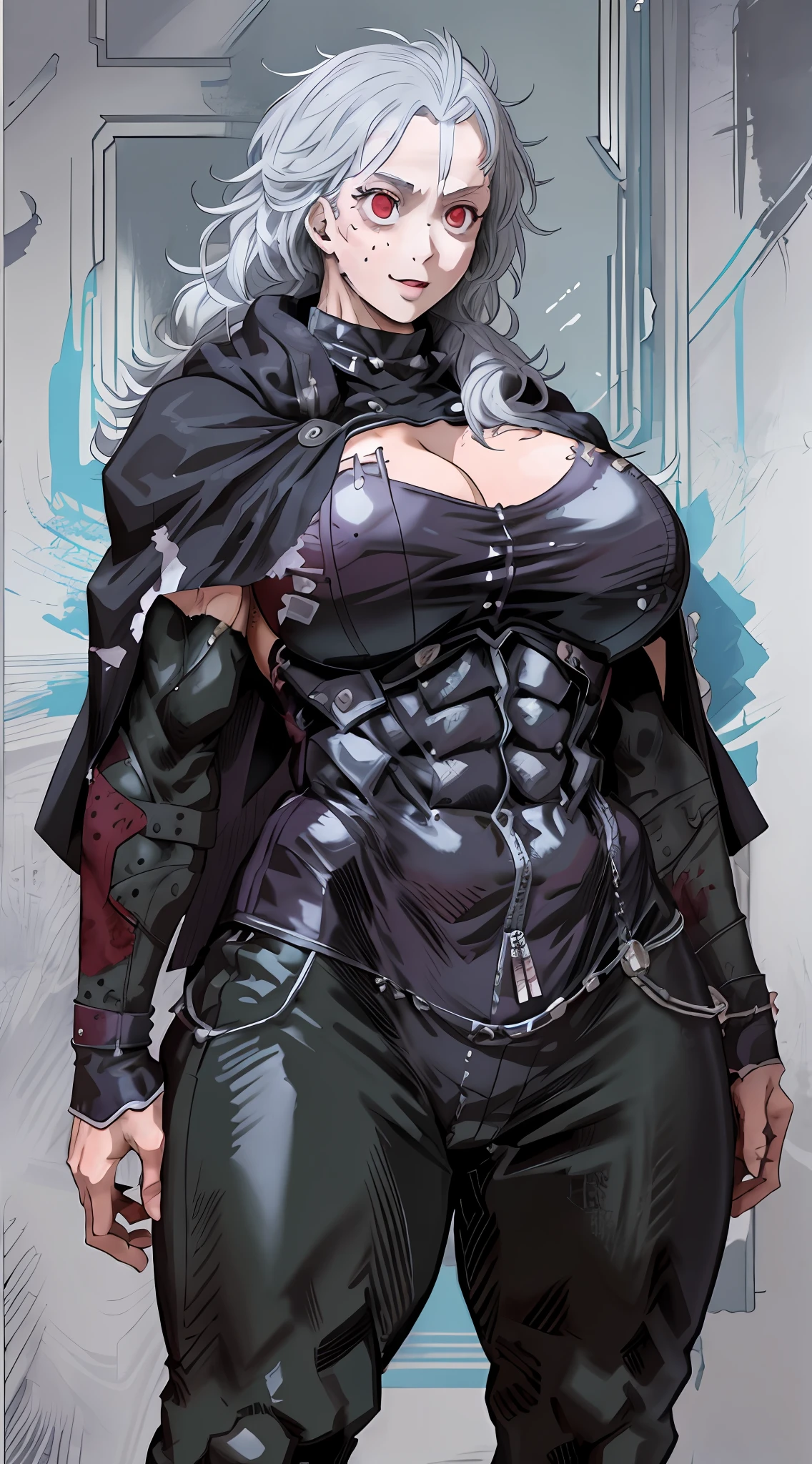 noi_dorohedoro, noi, muscular girl, huge chest, tall woman, priestess, martial art, modest, fully clothed, bent,, pants, cloak, priestess, holy, smile, coat, medieval, unmasked, nun, cloak,, black body suit