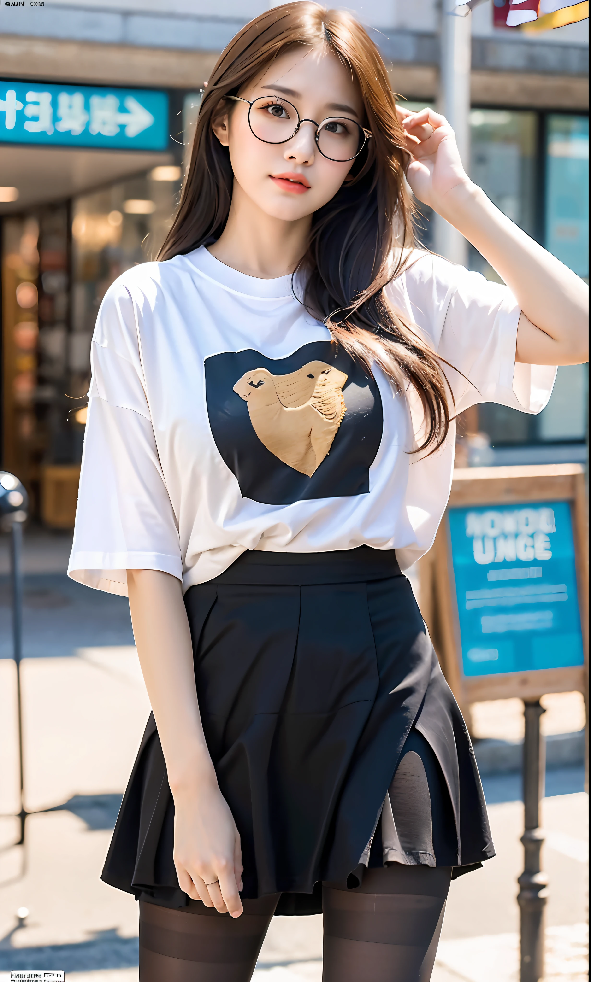 ulzzang-6500-v1.1,(raw photo:1.2), (photorealistic:1.4), beautiful detailed girl, very detailed eyes and face, beautiful detailed eyes, ridiculous, incredibly ridiculous, huge file size, super detailed, high resolution, very detailed, best quality, masterpiece, ((t-shirt)), illustration, very detailed, CG, unified, 8k wallpaper, amazing, fine details, masterpiece, Best quality, very detailed CG unified 8k wallpaper, face light, movie lighting, 1girl, 16 years old, long white hair, side split, (big breasts), (no panties)), (with glasses), (dynamic pose), (sexy pose), ((camel toe))), (half), ((pantyhose)), ((black hip skirt)), (bent knees)))))
