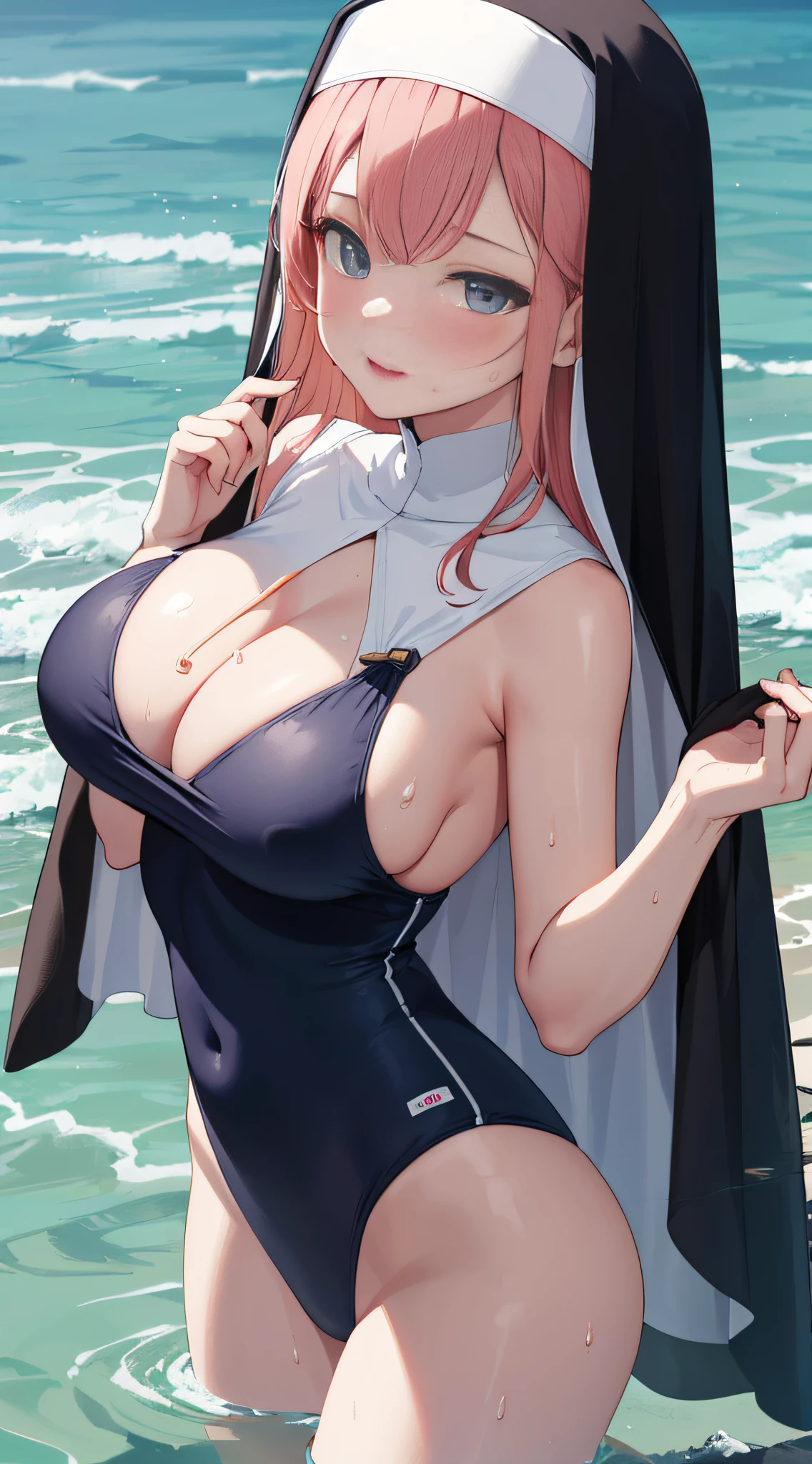 【Upper body naked】, (with exposure), with large areolas, exposed, very cute, woman in swimsuit, animated image of nun by the water, sweat, breasts, cute sexirobat, [4K digital art]!, 3DCG, High Resolution Commission, Giant Tess Art, Detailed digital animation art drawn in high resolution,, erotic