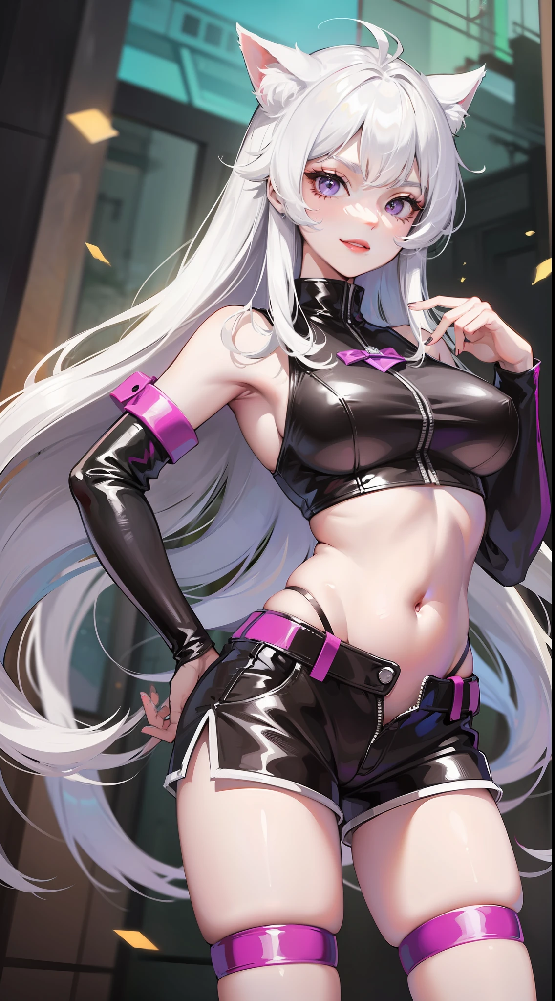 Young girl, long white hair, purple eyes, cat ears, superhero uniform, shorts, sleeveless, open belly, inner sideboob, smirk, masterpiece, high quality