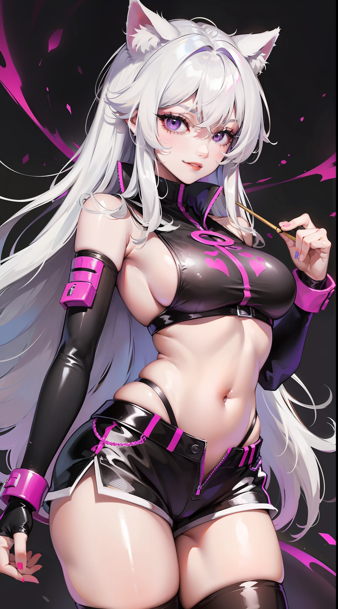 Young girl, long white hair, purple eyes, cat ears, superhero uniform, shorts, sleeveless, open belly, inner sideboob, smirk, masterpiece, high quality