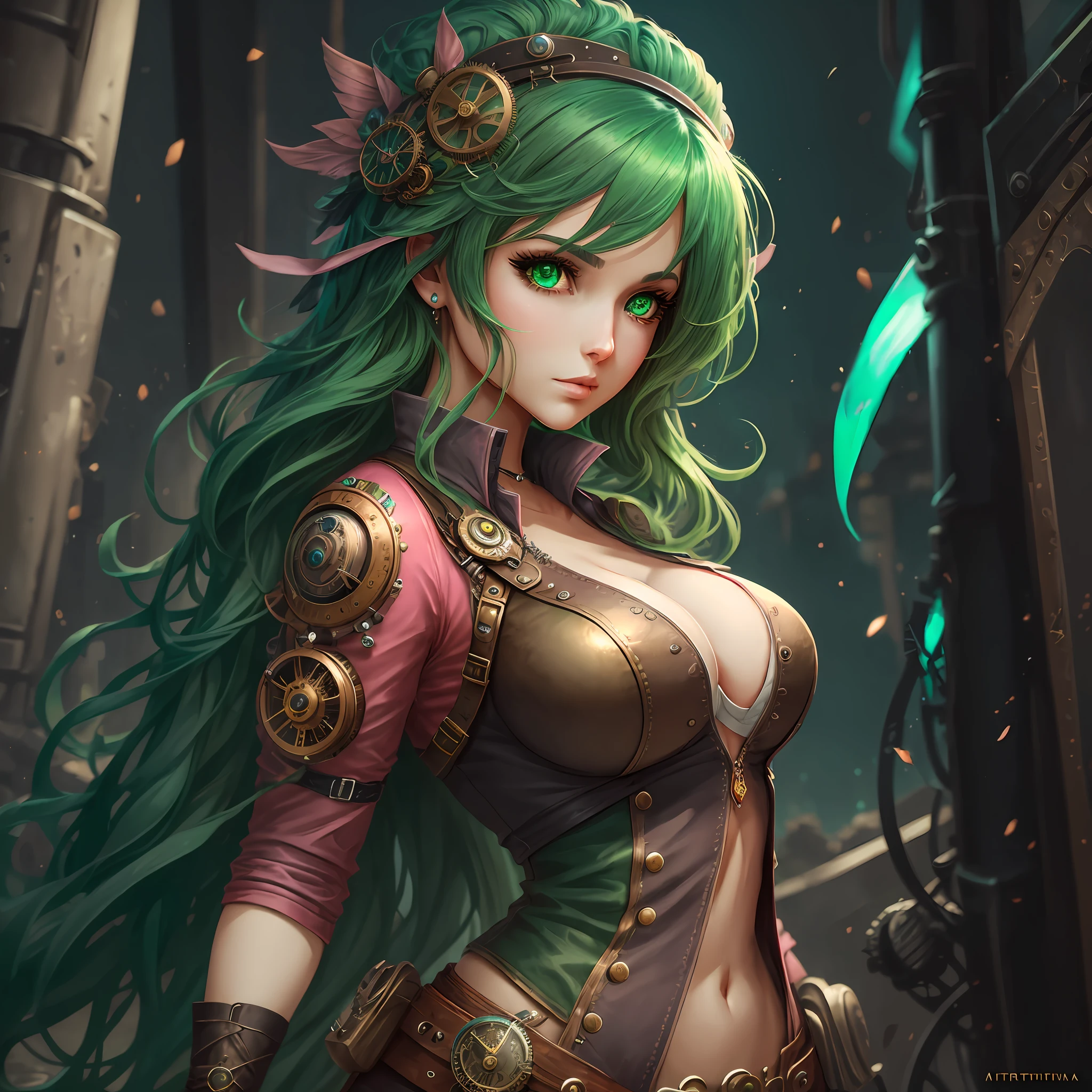 Woman, Green Hair, Tight Pink and Green Clothes, Steampunk, Final Fantasy, Tina, Earth, Artstation,Sexy --auto --s2